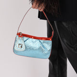 Fendi Blue Zucchino Metallic Embossed Coated Canvas Pochette