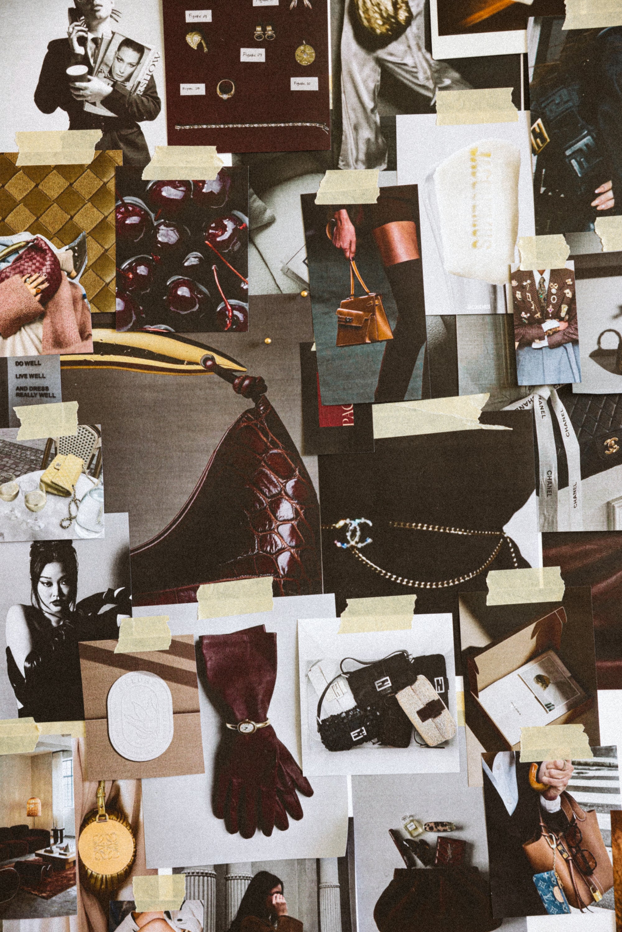 Collage of fashion images with handbags, clothing, and accessories.