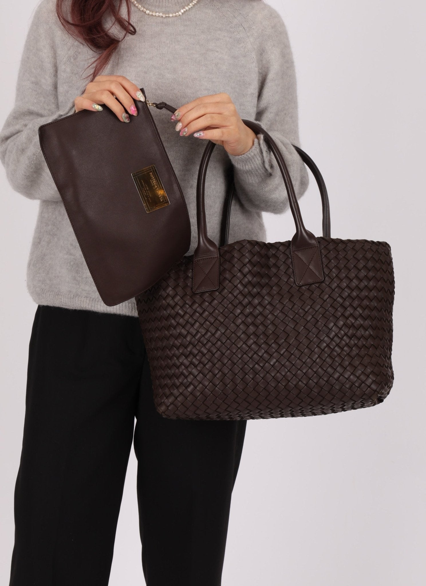 Bottega Veneta Chocolate Intrecciato Small Cabat w/ Pouch - FashioNica