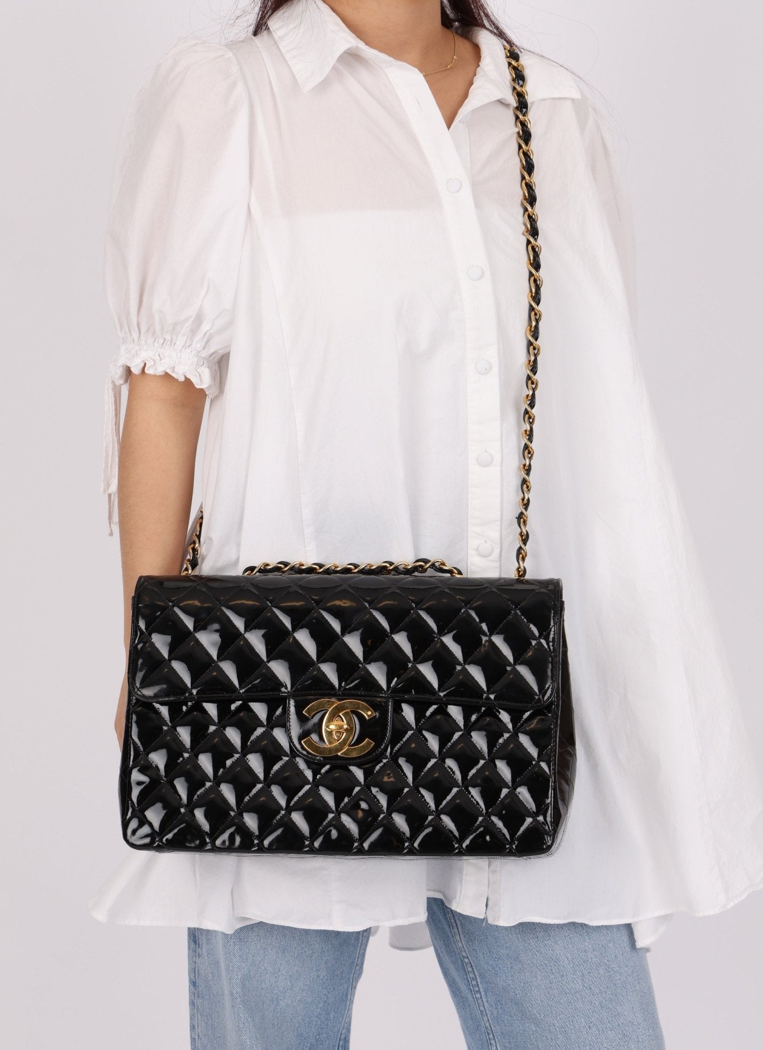 Chanel 1991 Patent XL CC Jumbo Single Flap - FashioNica