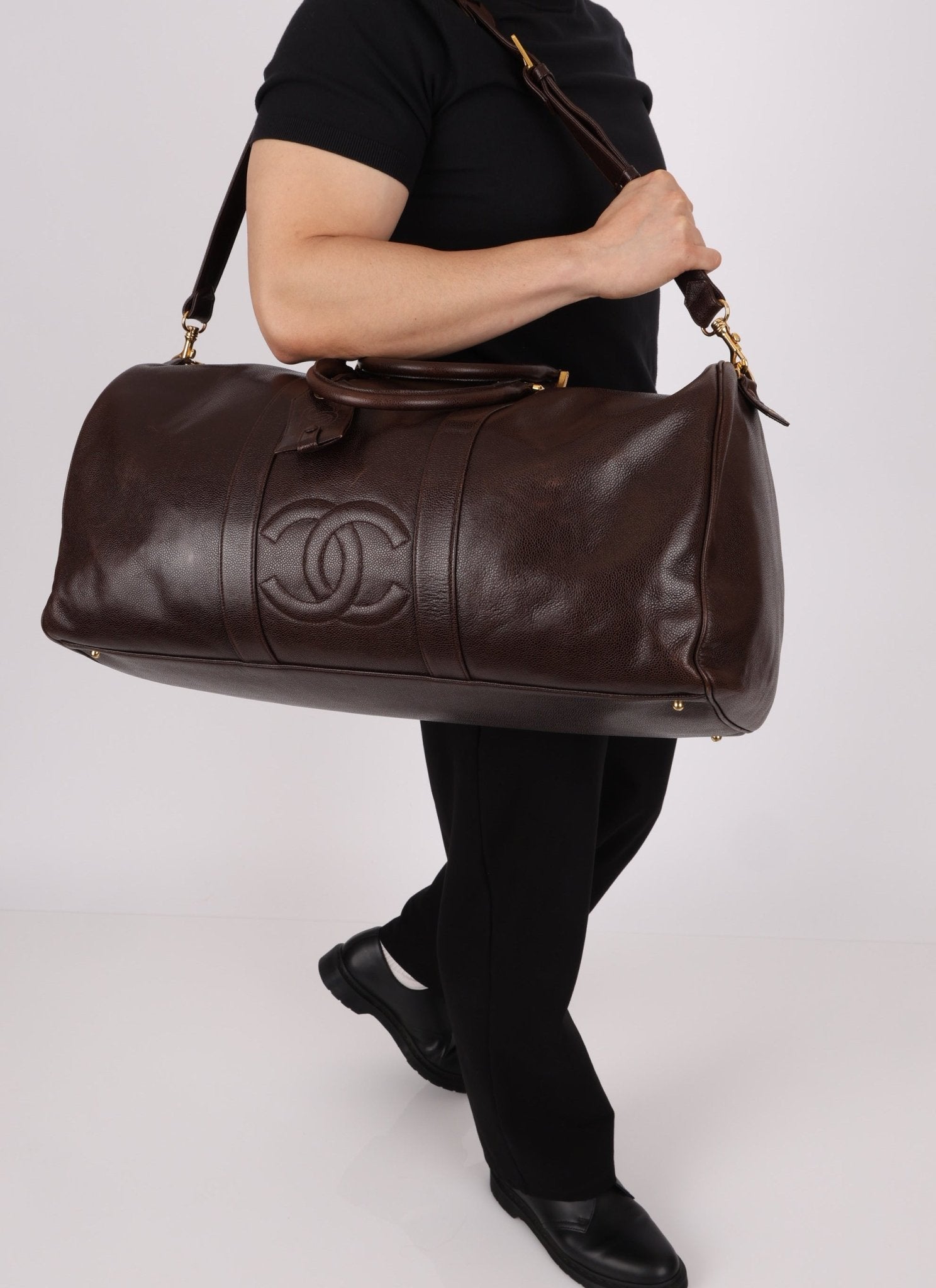 Chanel 1996 Chocolate Caviar Boston Weekender Duffel Bag 24KGP - FashioNica