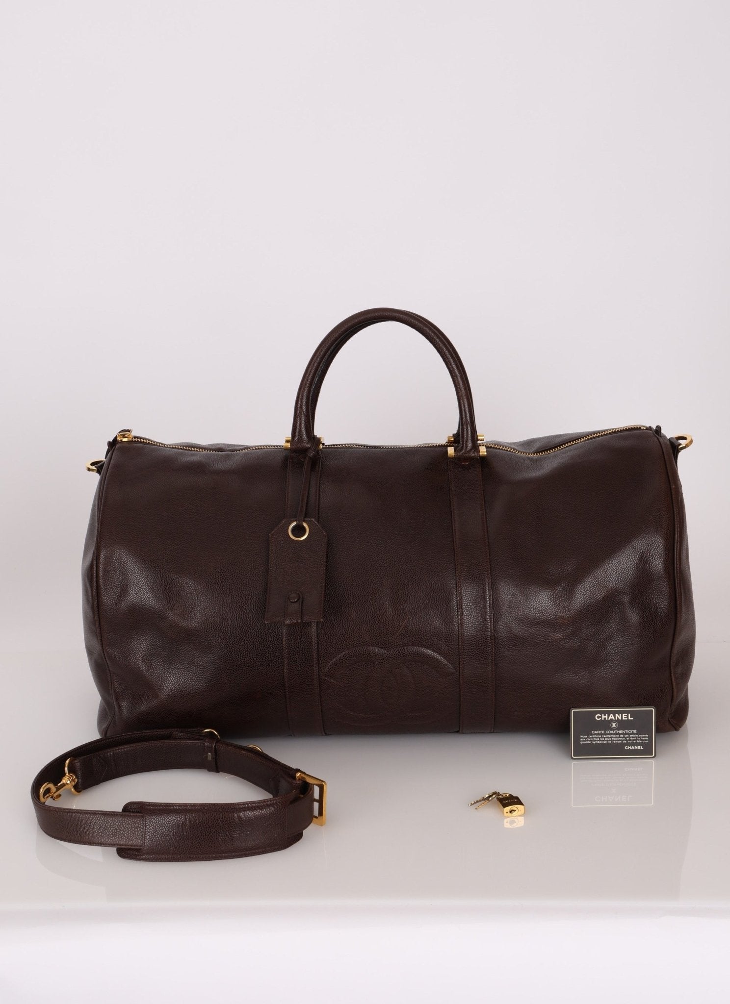 Chanel 1996 Chocolate Caviar Boston Weekender Duffel Bag 24KGP - FashioNica