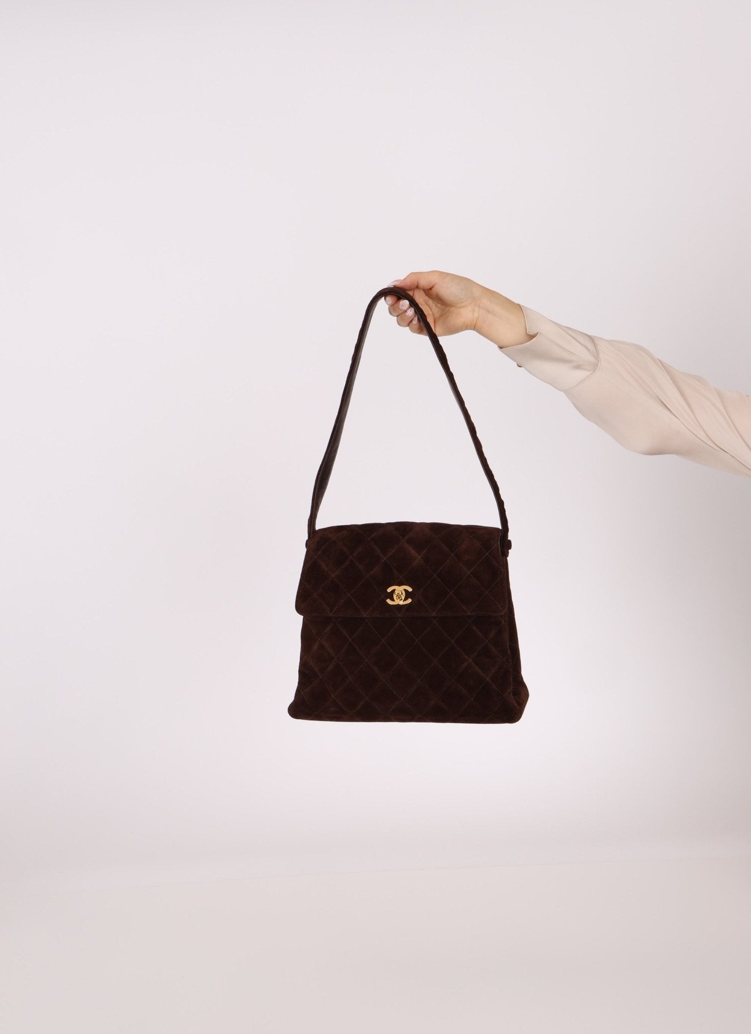 Chanel 1997 Chocolate Suede Turnlock Kelly Shoulder Bag - FashioNica