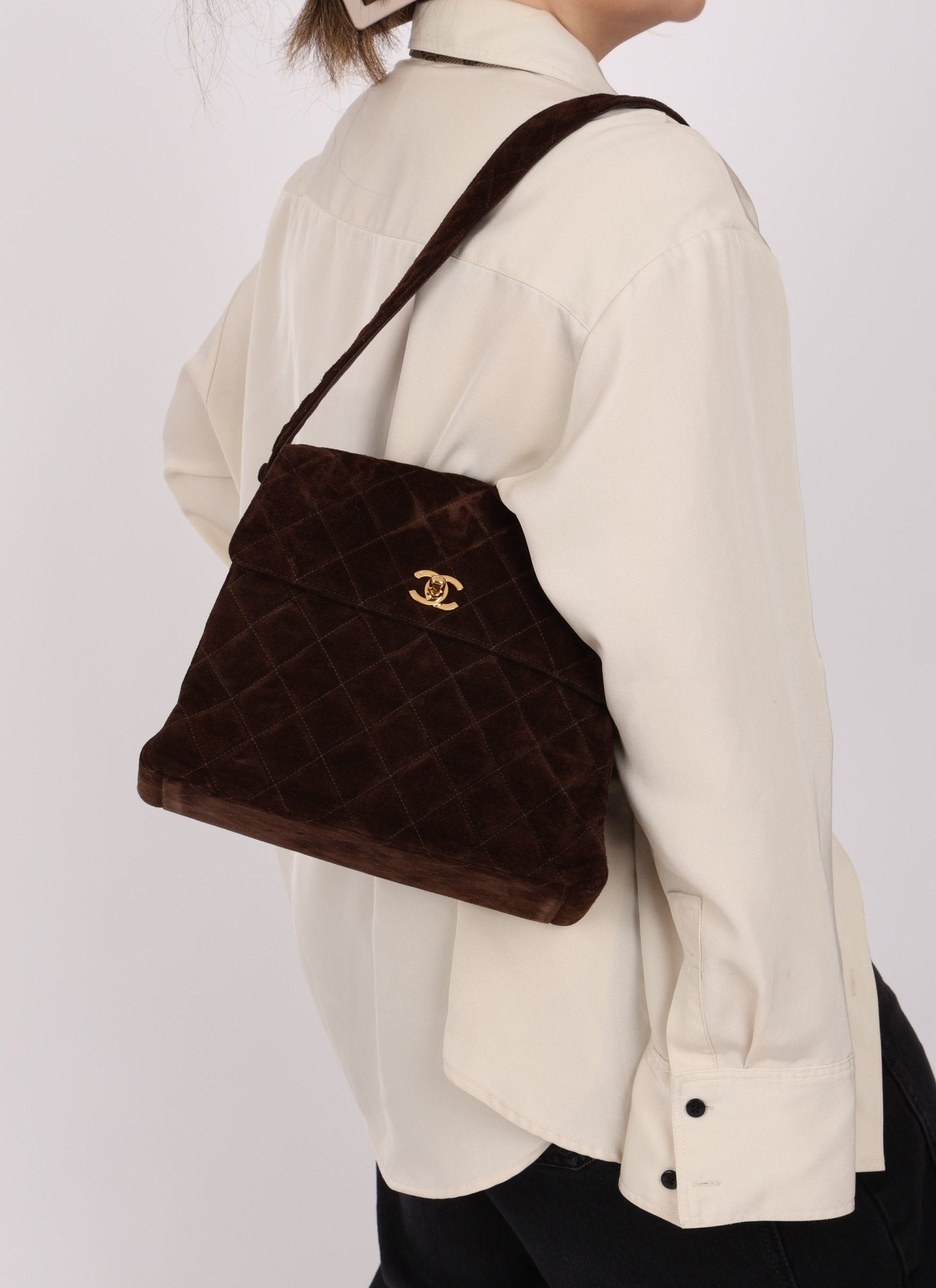 Chanel 1997 Chocolate Suede Turnlock Kelly Shoulder Bag - FashioNica