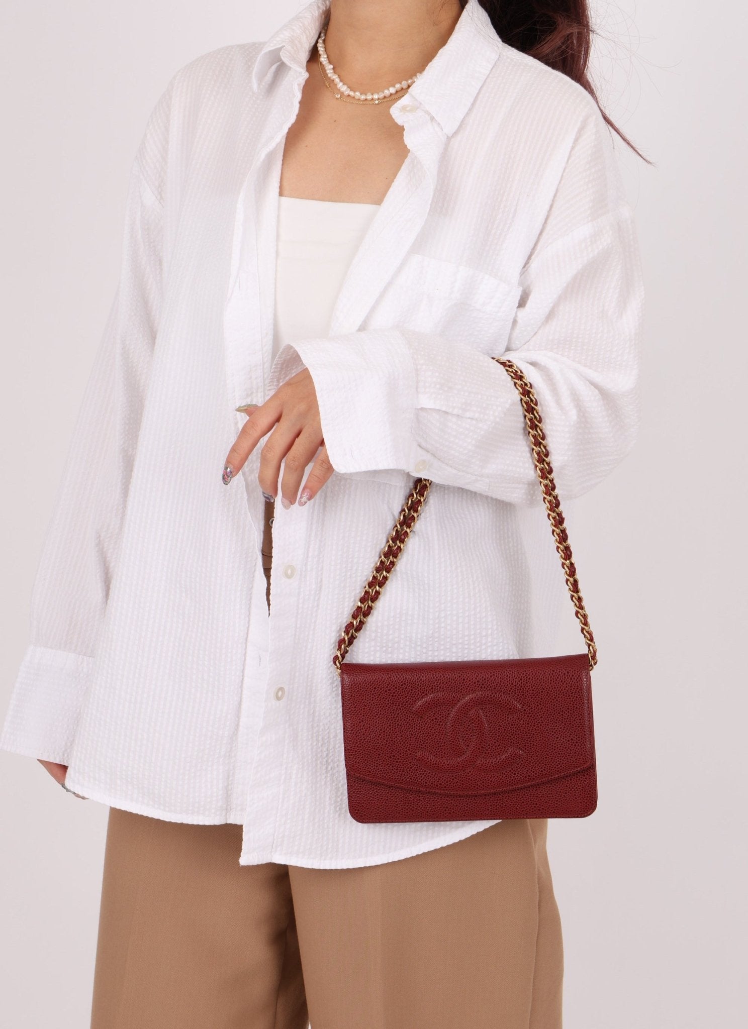 Chanel 2000 Caviar Bordeaux Wallet on Chain Matte GHW - FashioNica