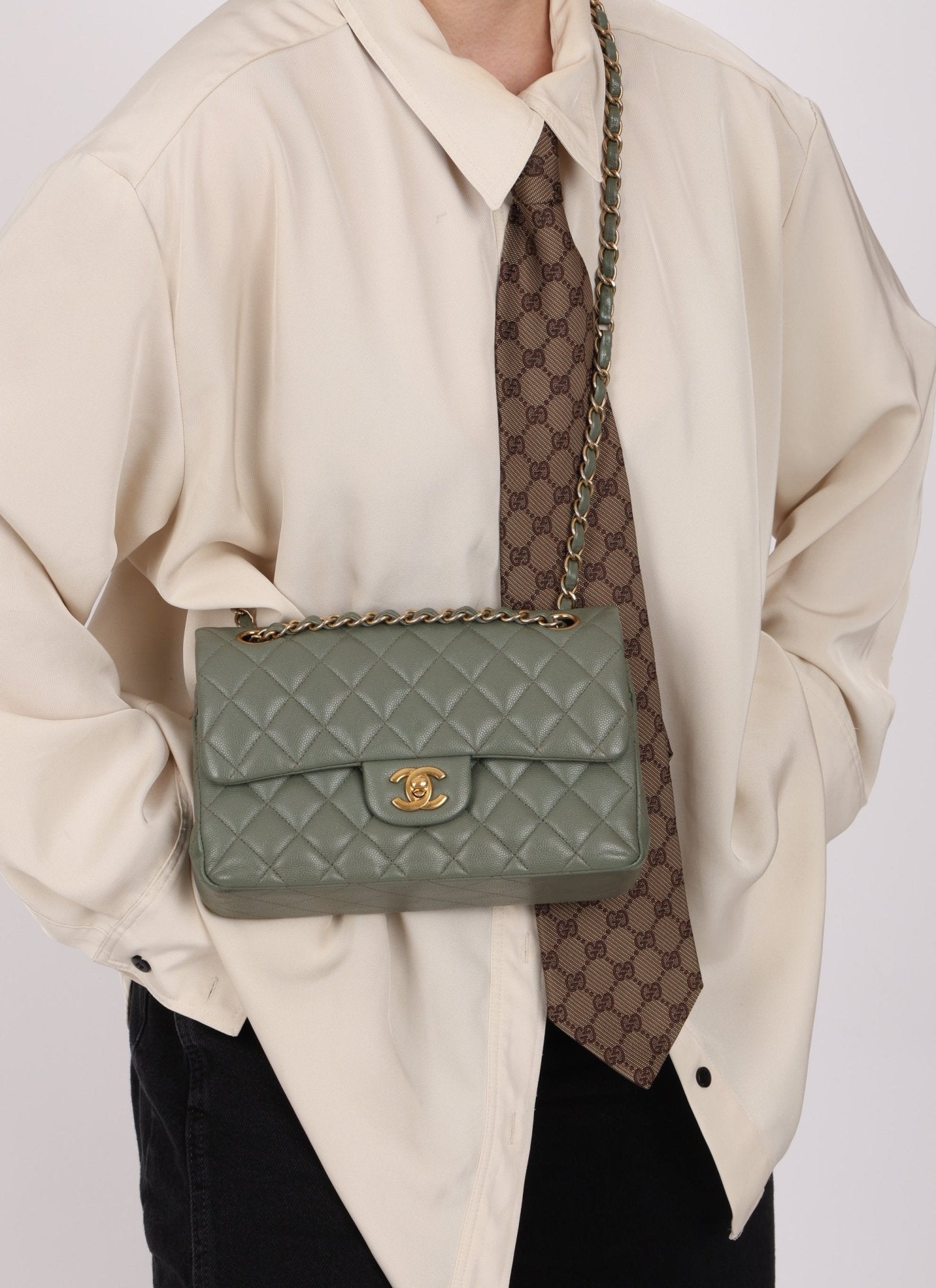 Chanel 2018 Eucalyptus Green Iridescent Caviar Small Double Flap - FashioNica