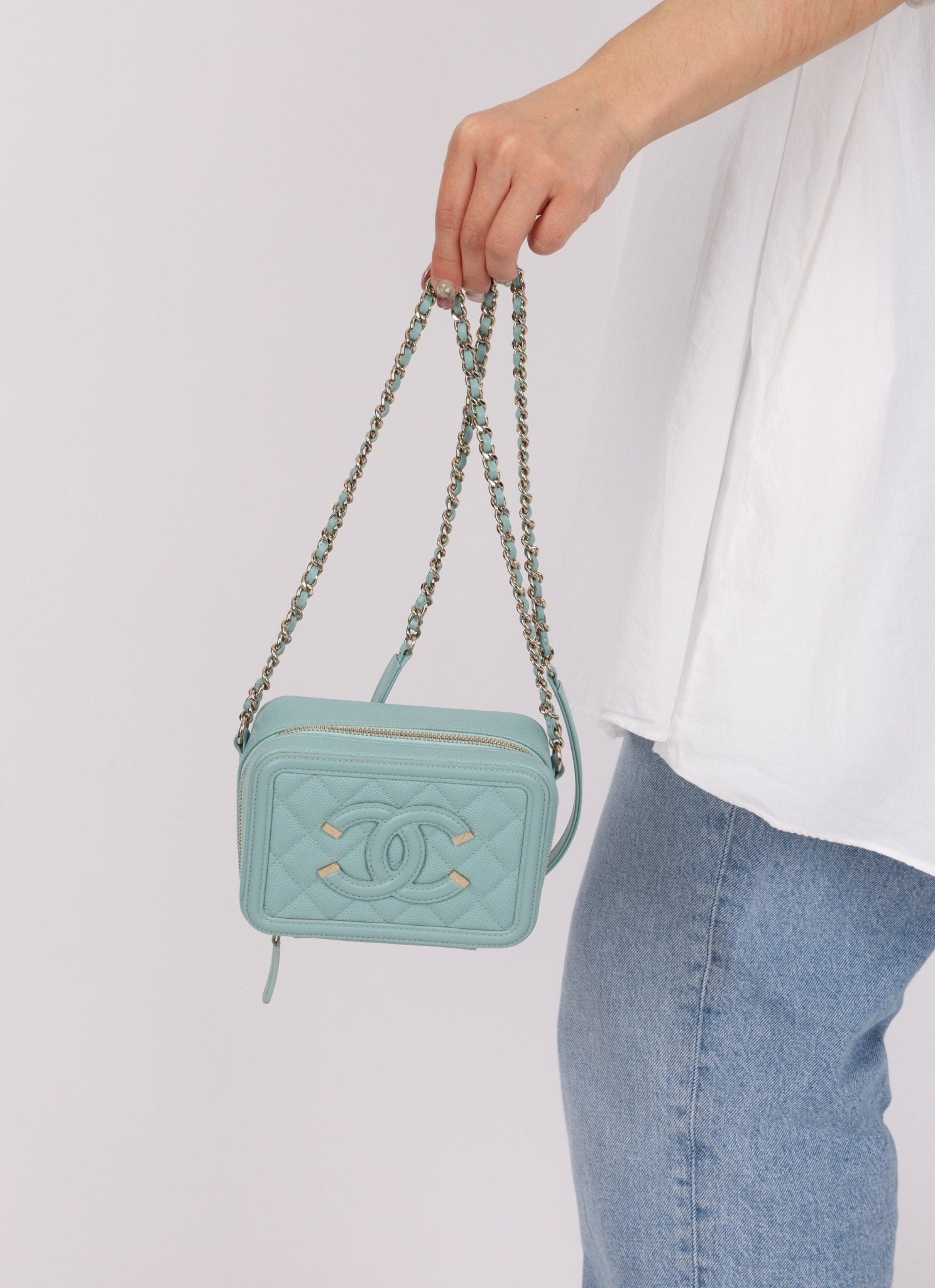 Chanel 2020 Caviar Robin's Egg Mini Filigree Crossbody - FashioNica