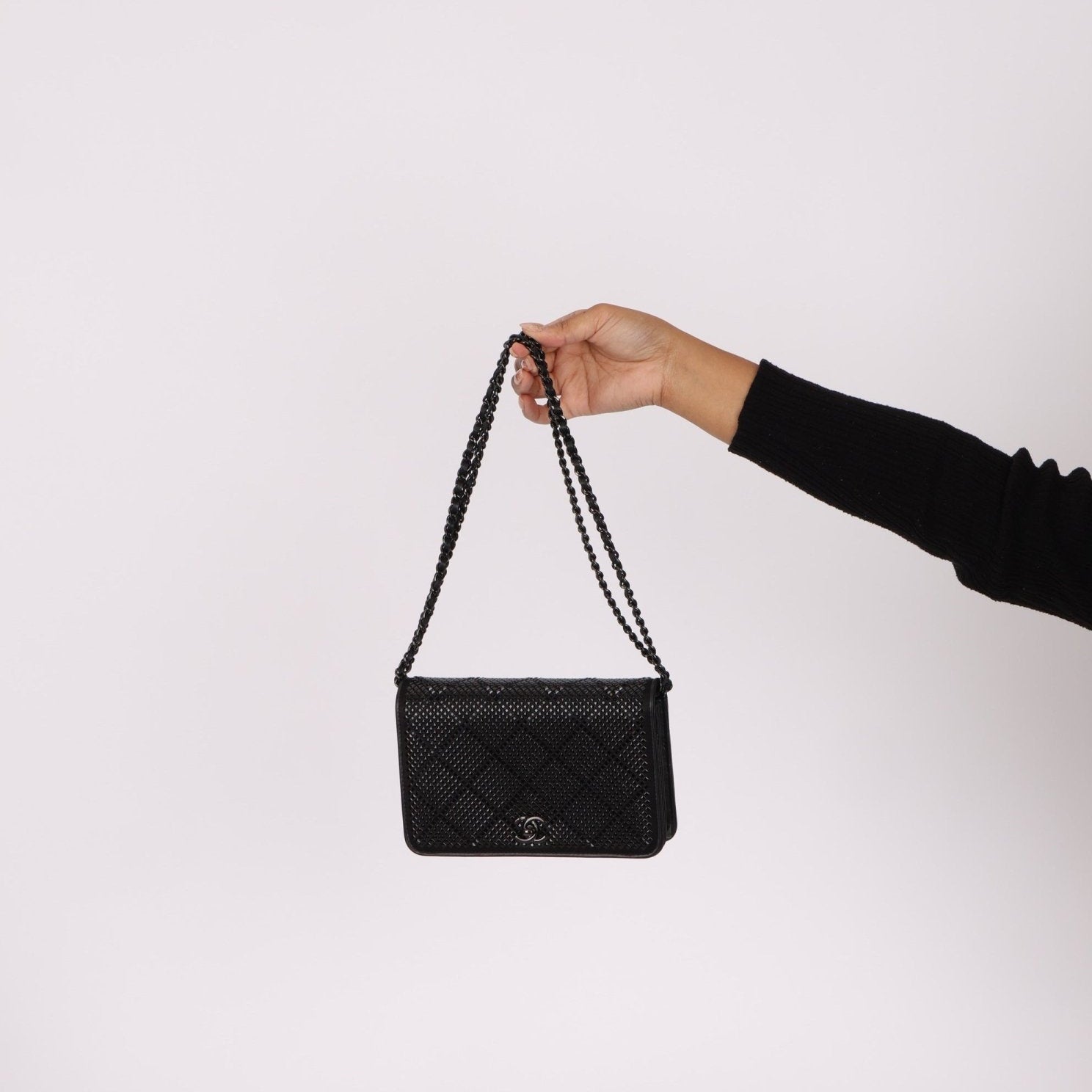 Chanel So Black Satin Crystal Studded Turnlock Wallet on Chain - FashioNica