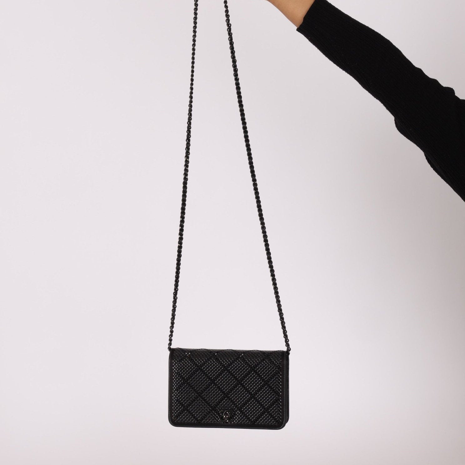 Chanel So Black Satin Crystal Studded Turnlock Wallet on Chain - FashioNica