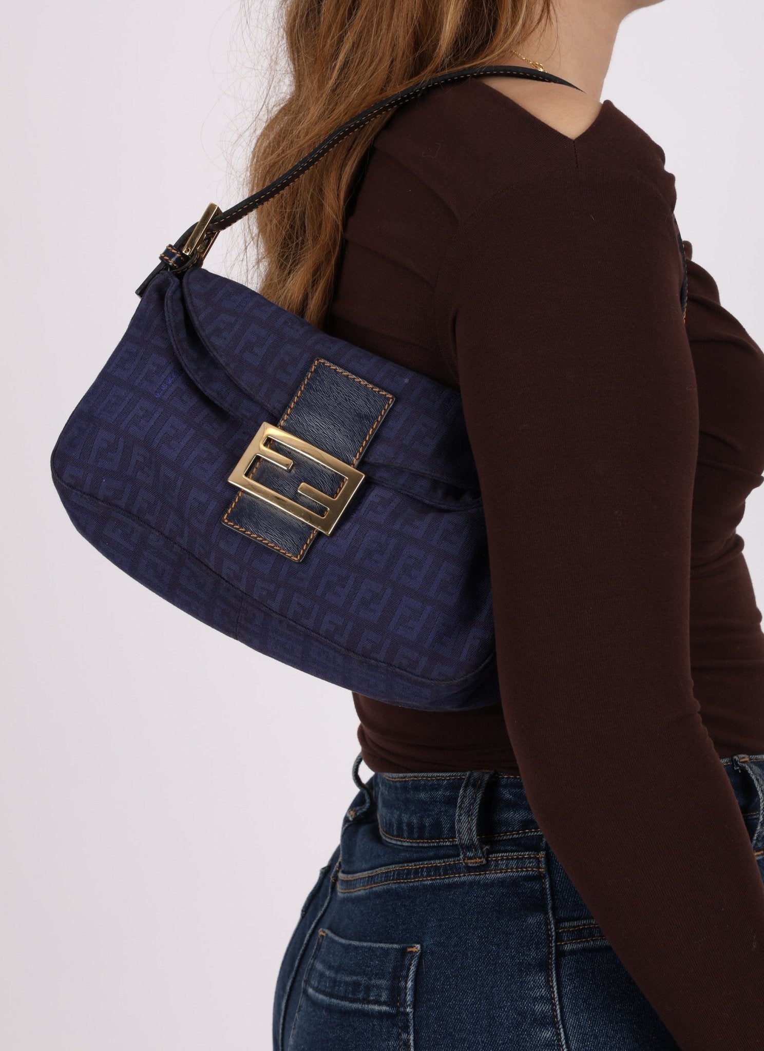 Fendi Blue Zucchino Baguette Shoulder Bag - FashioNica