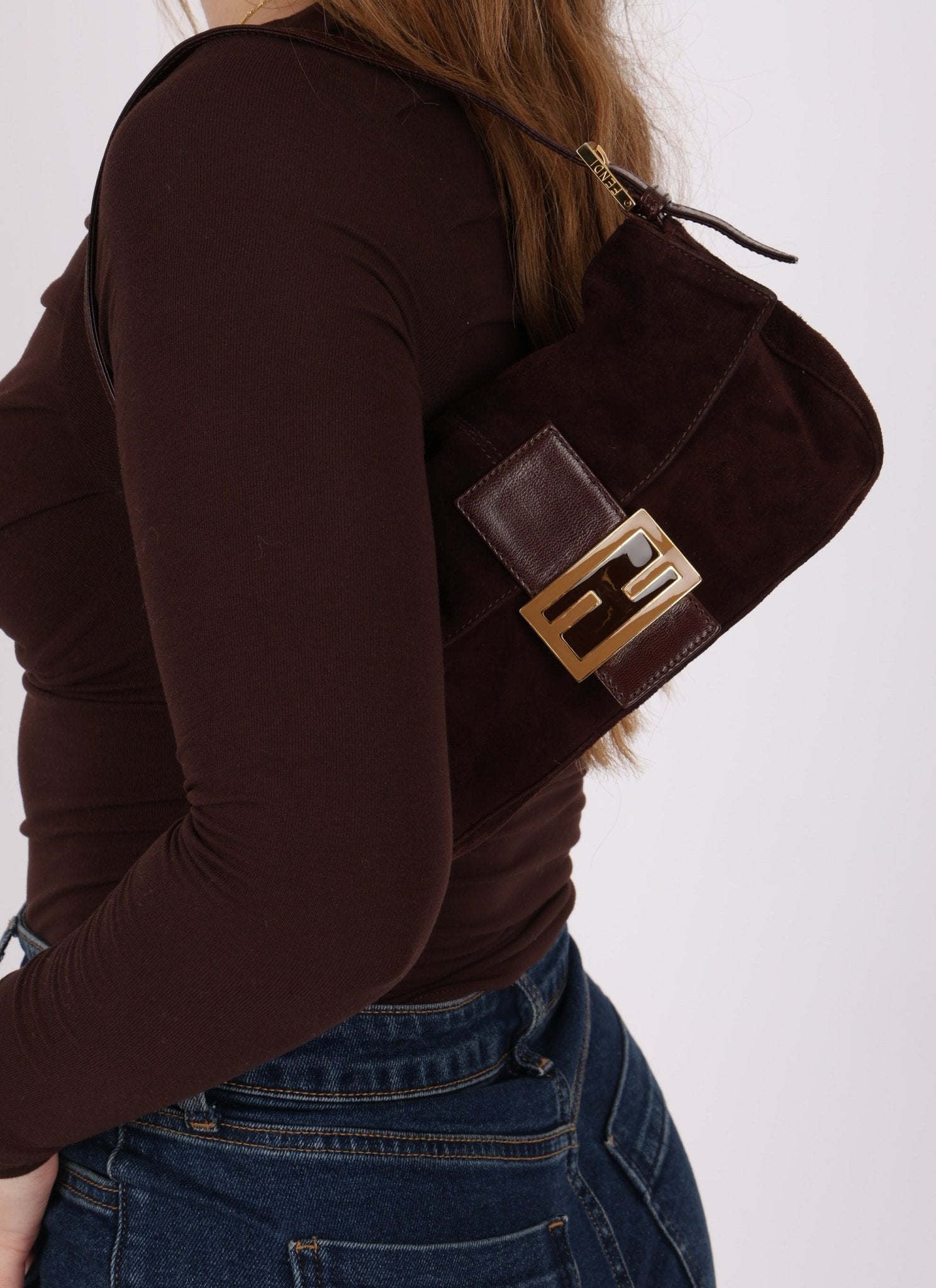 Fendi Chocolate Suede Baguette - FashioNica