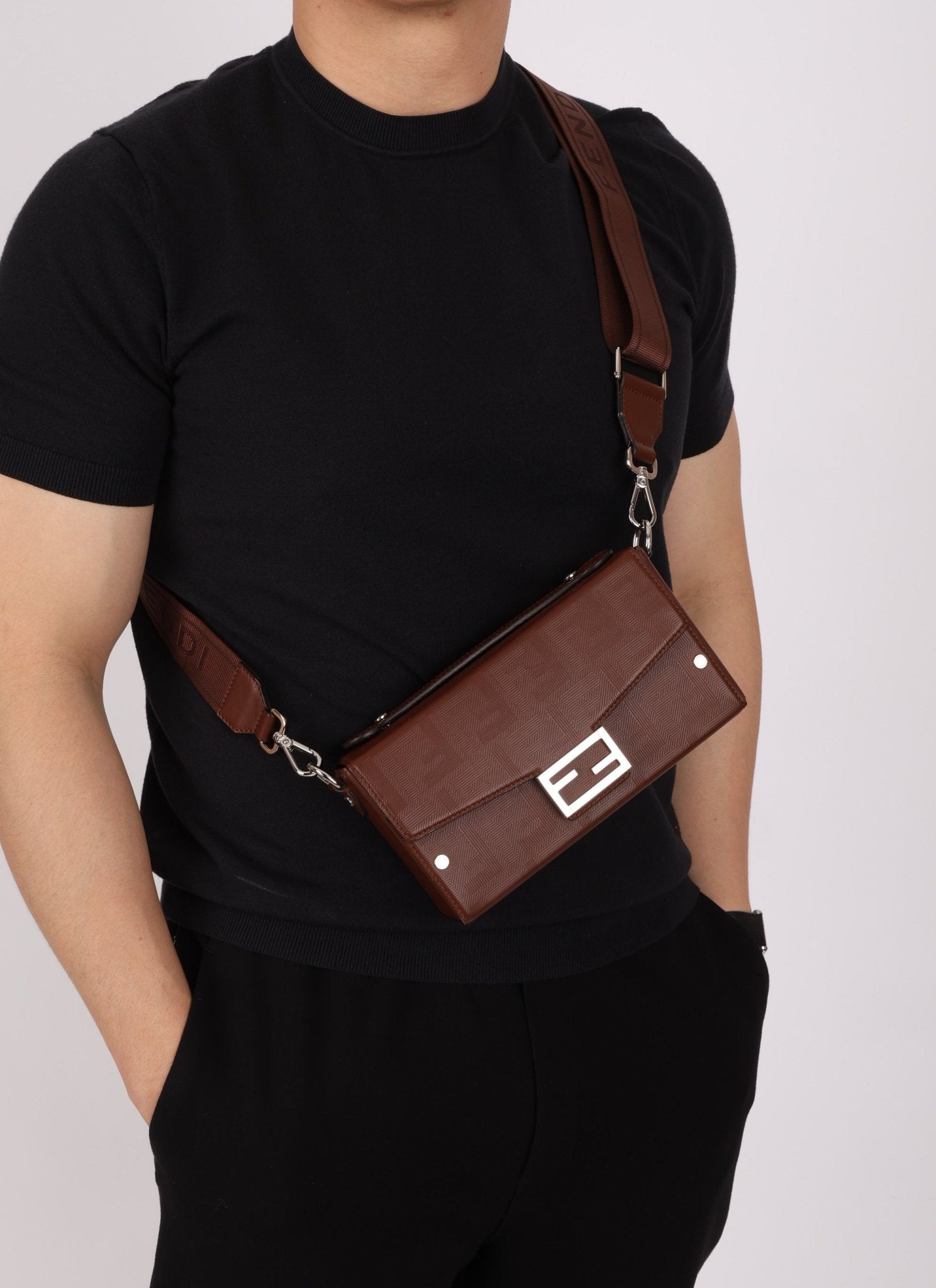 Fendi Chocolate Zucca Soft Trunk Baguette with Strap - FashioNica