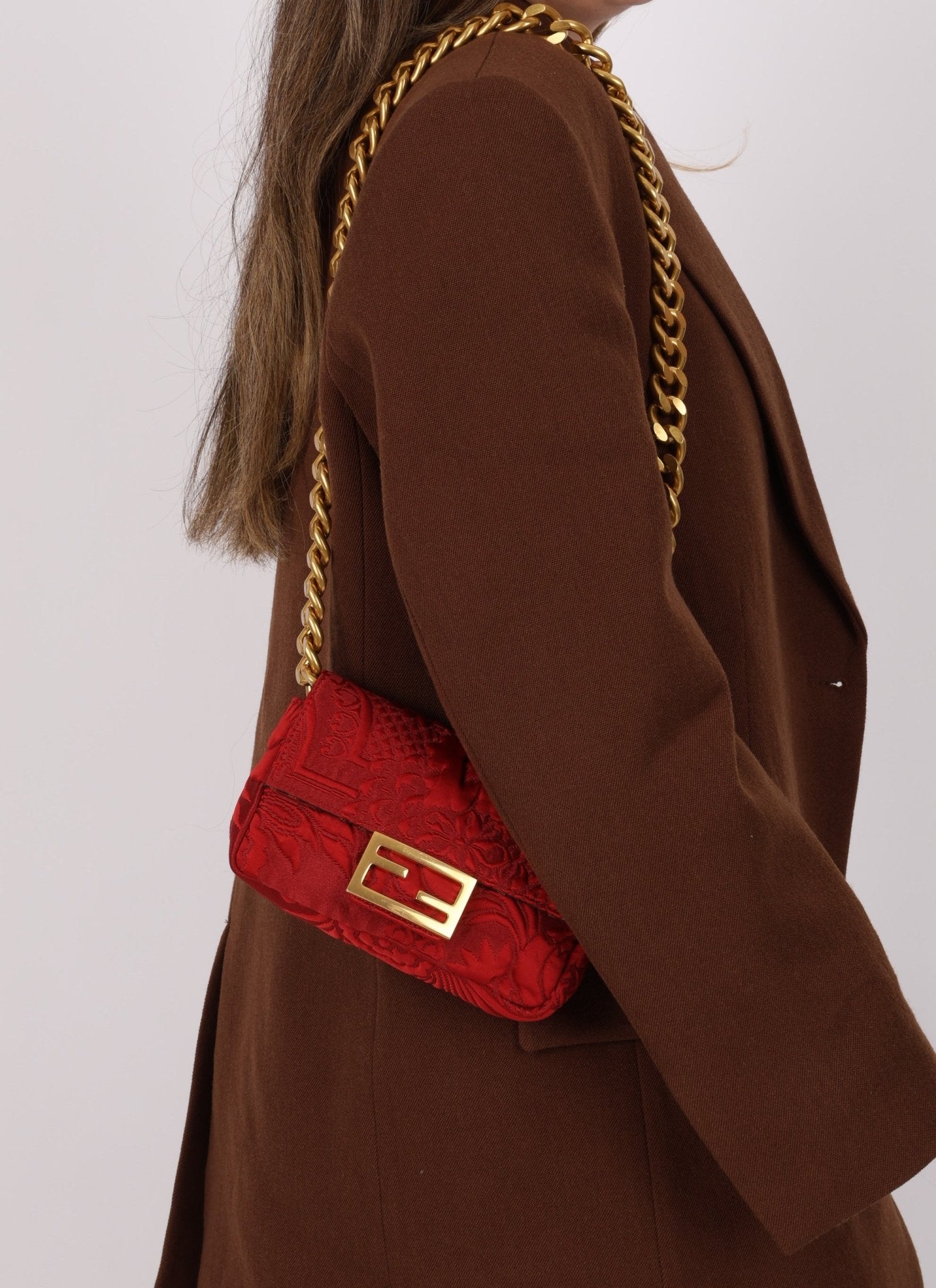 Fendi Floral Embroidered Red Baguette Waist Bag - FashioNica