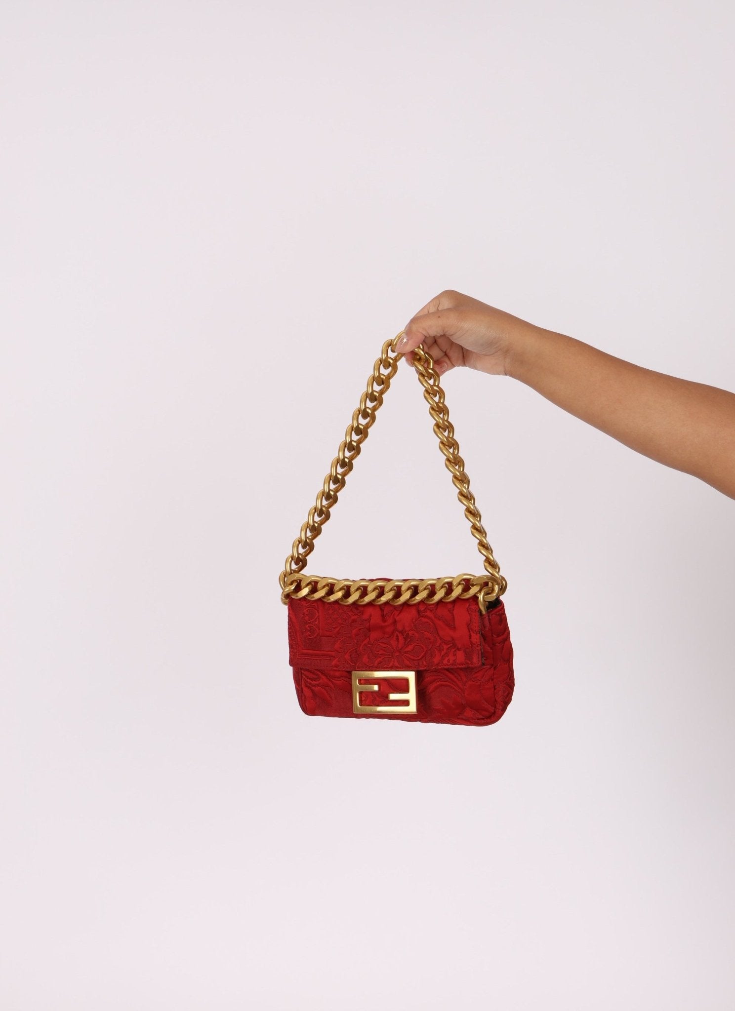 Fendi Floral Embroidered Red Baguette Waist Bag - FashioNica