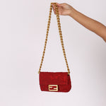 Fendi Floral Embroidered Red Baguette Waist Bag - FashioNica
