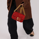 Fendi Floral Embroidered Red Baguette Waist Bag - FashioNica