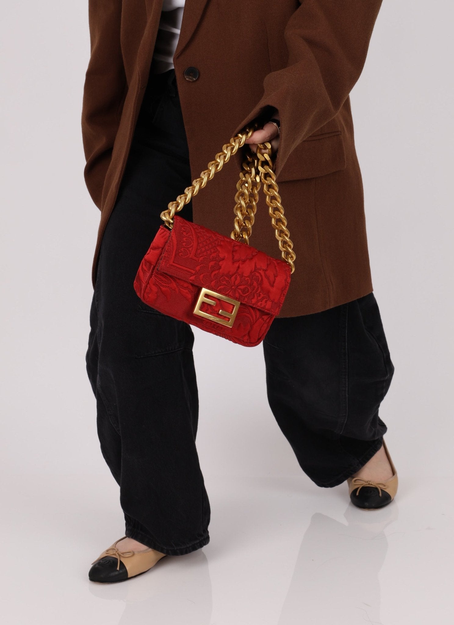 Fendi Floral Embroidered Red Baguette Waist Bag - FashioNica