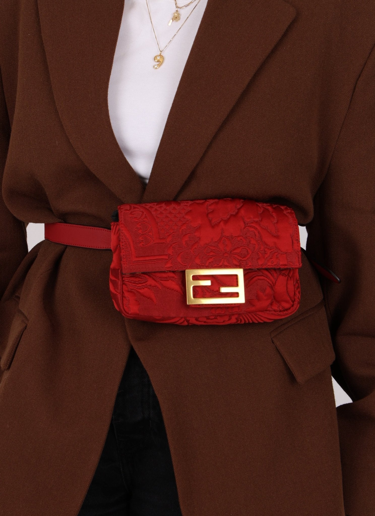 Fendi Floral Embroidered Red Baguette Waist Bag - FashioNica