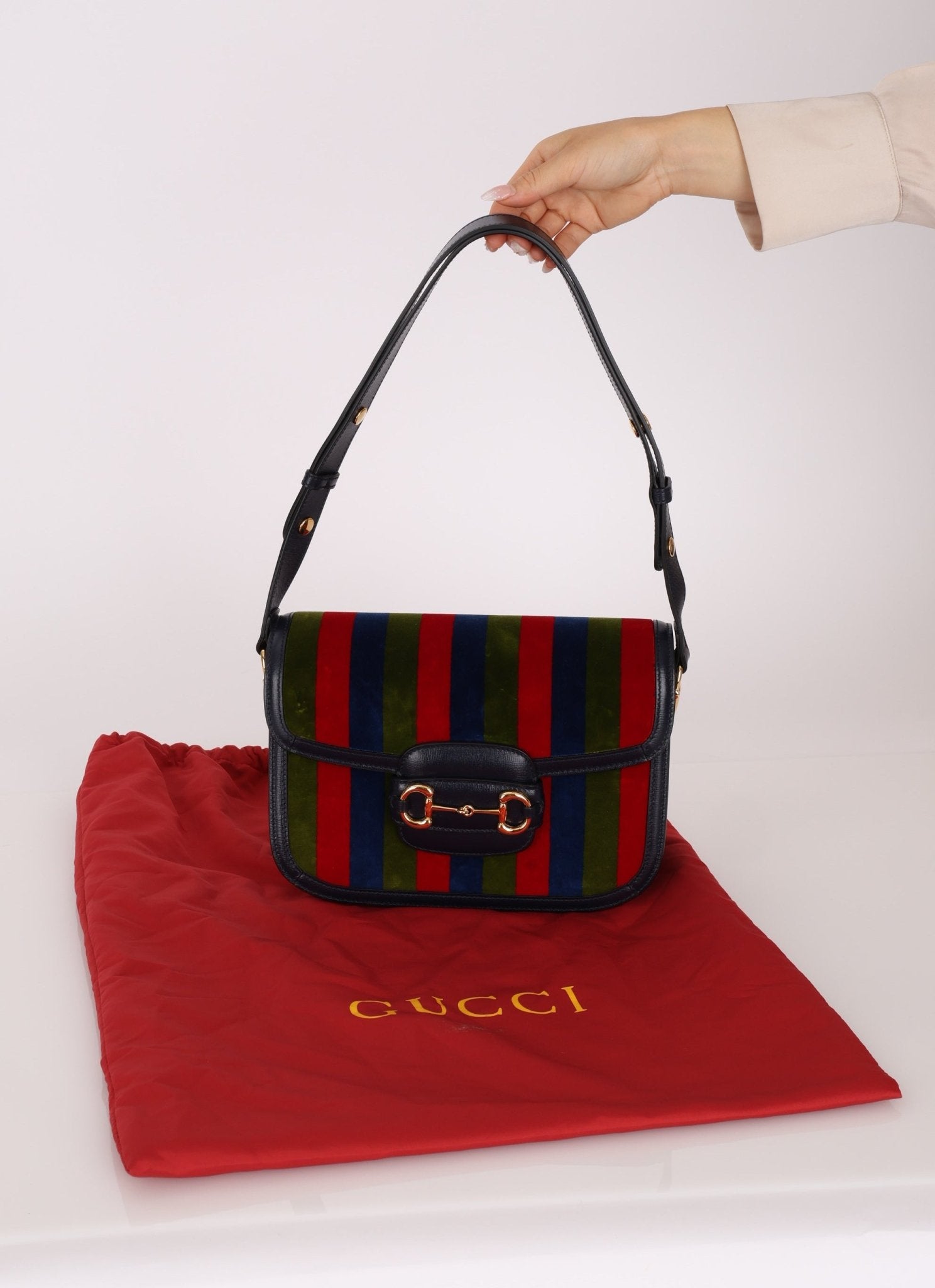 Gucci 1955 Velvet Baiadera Stripe Horsebit Shoulder Bag - FashioNica