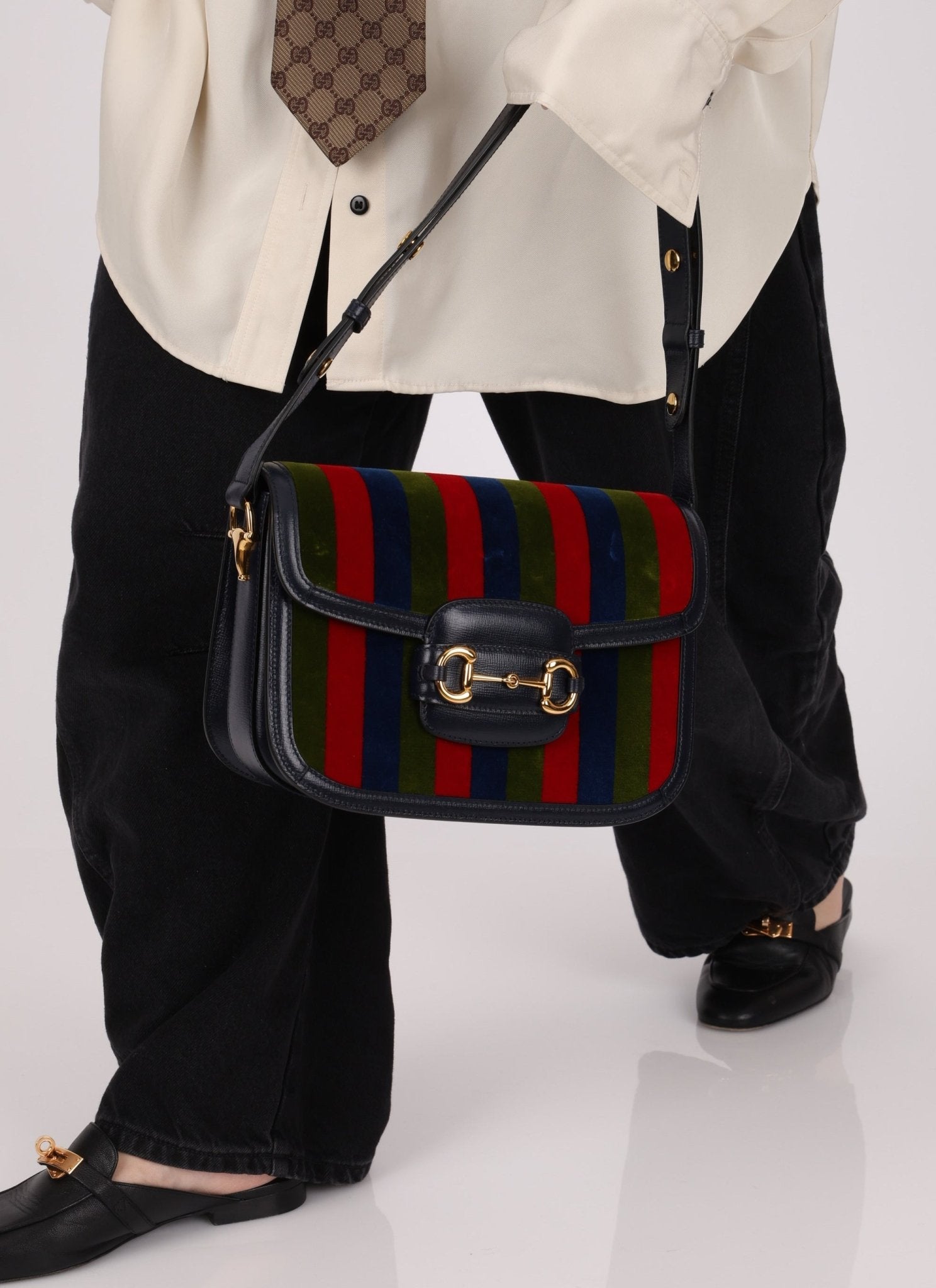 Gucci 1955 Velvet Baiadera Stripe Horsebit Shoulder Bag - FashioNica