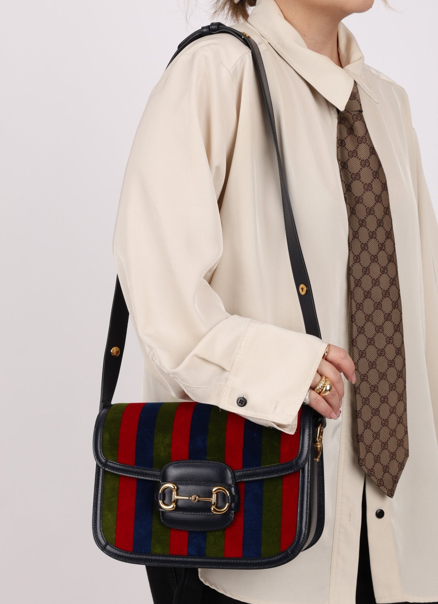 Gucci 1955 Velvet Baiadera Stripe Horsebit Shoulder Bag - FashioNica