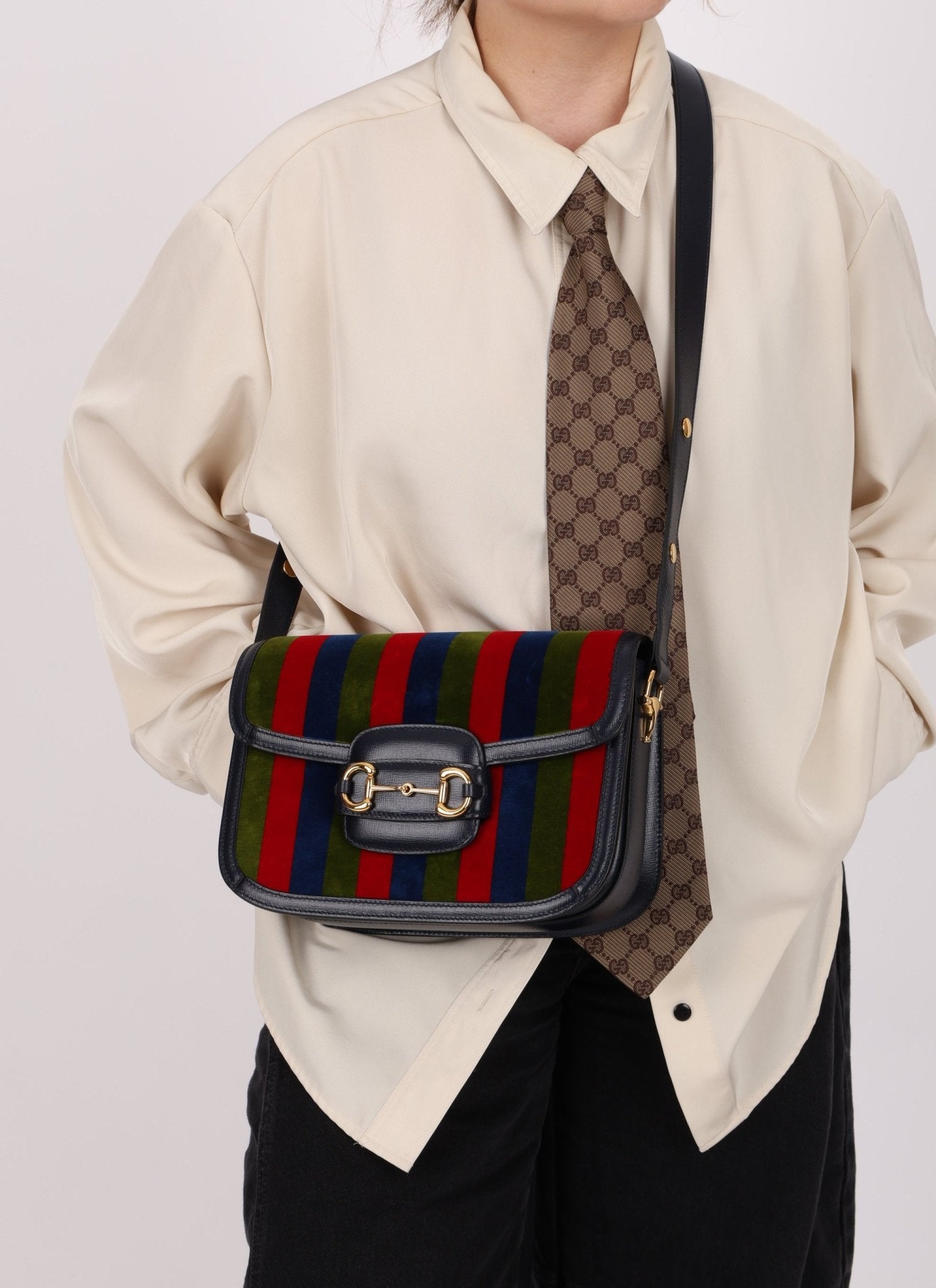 Gucci 1955 Velvet Baiadera Stripe Horsebit Shoulder Bag - FashioNica