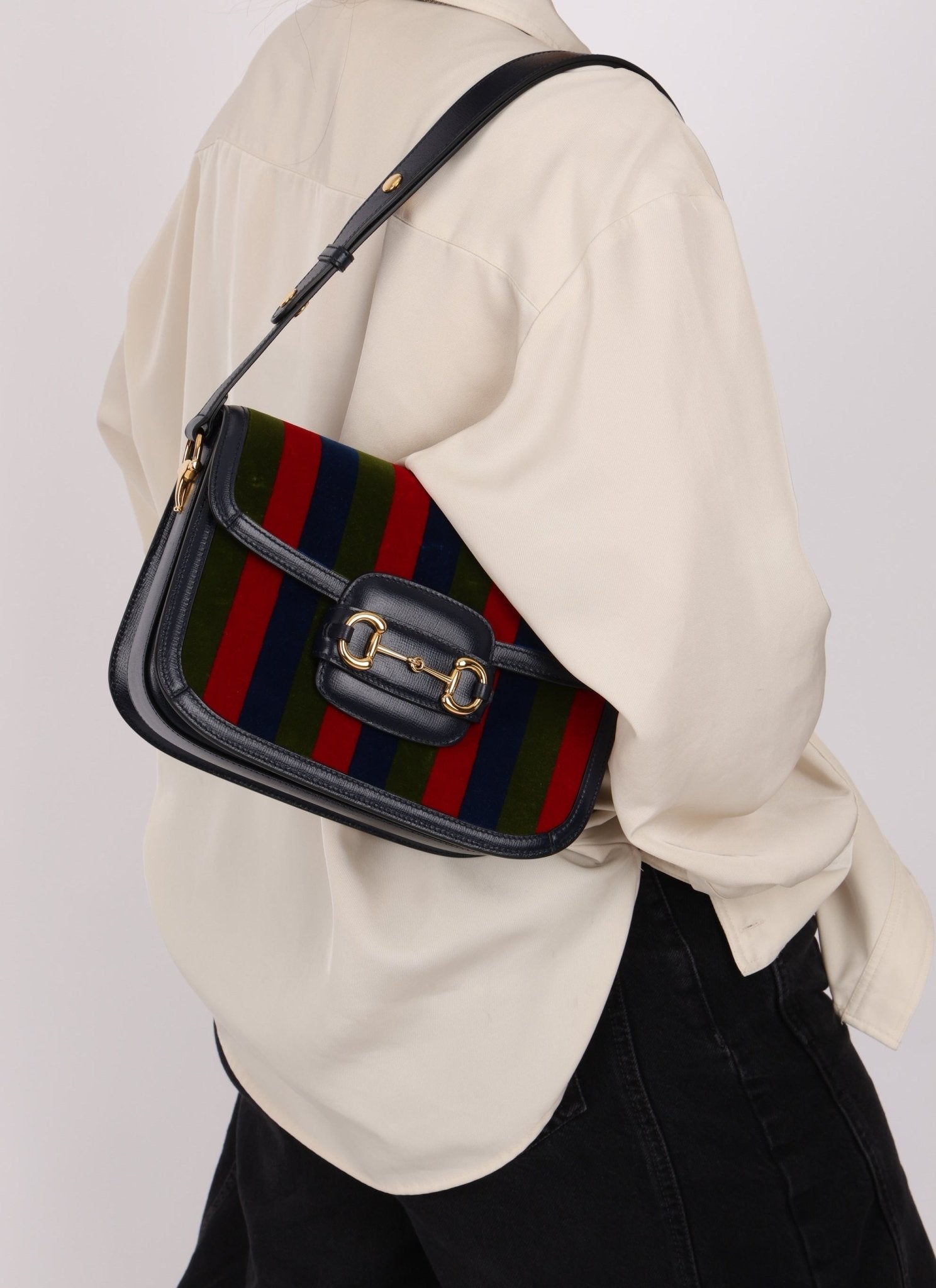 Gucci 1955 Velvet Baiadera Stripe Horsebit Shoulder Bag - FashioNica
