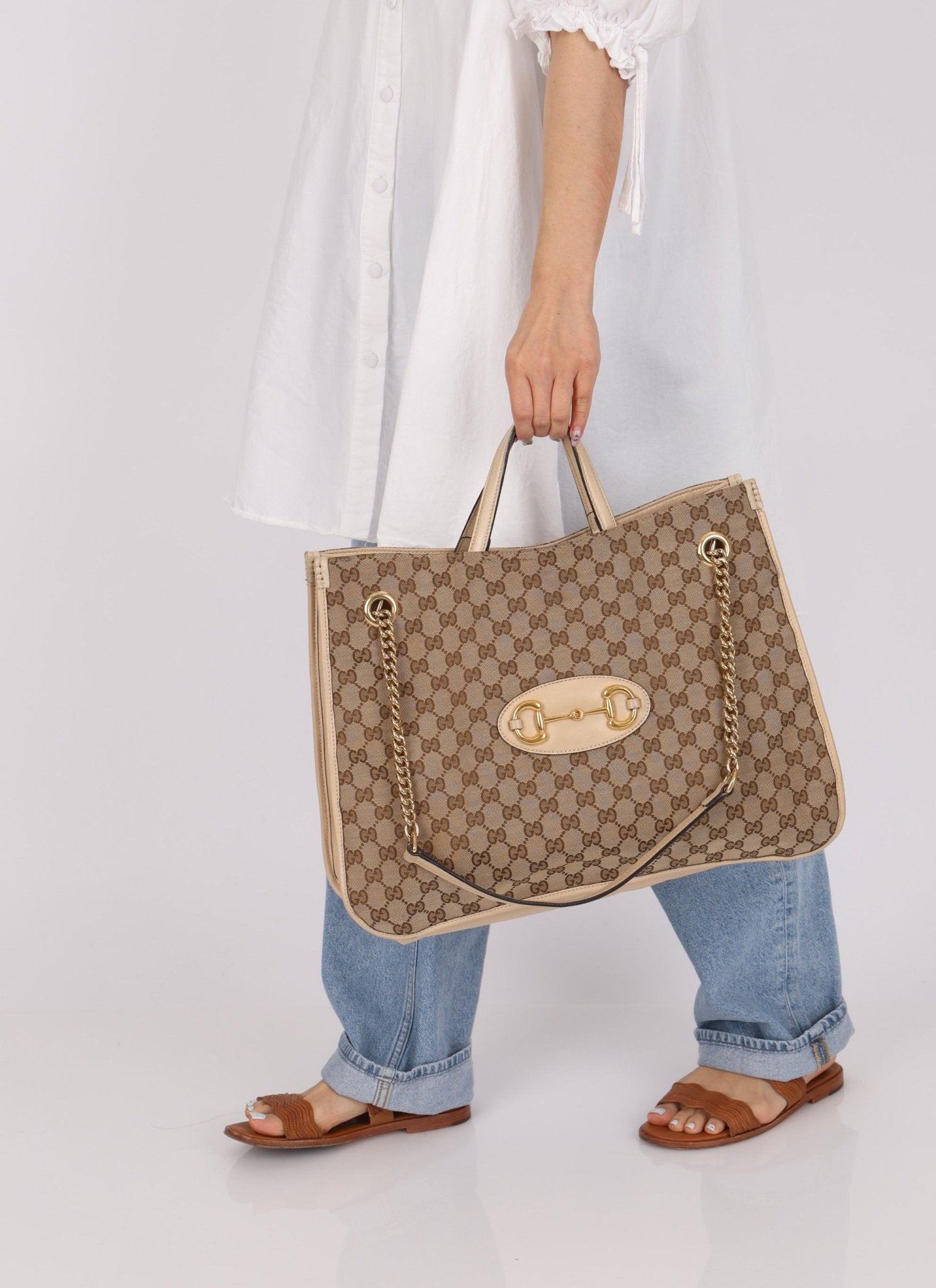 Gucci Canvas Monogram Large 1955 Horsebit Chain Tote - FashioNica