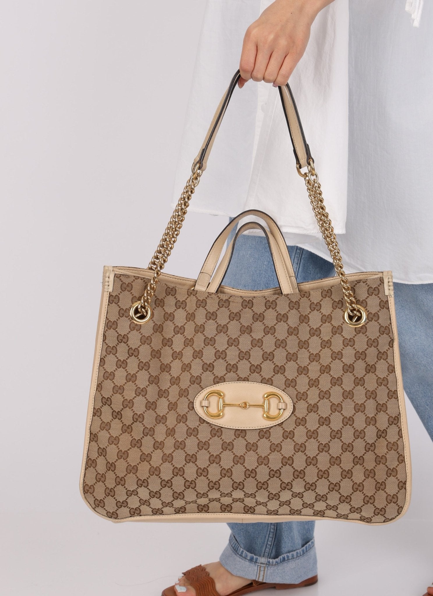 Gucci Canvas Monogram Large 1955 Horsebit Chain Tote - FashioNica