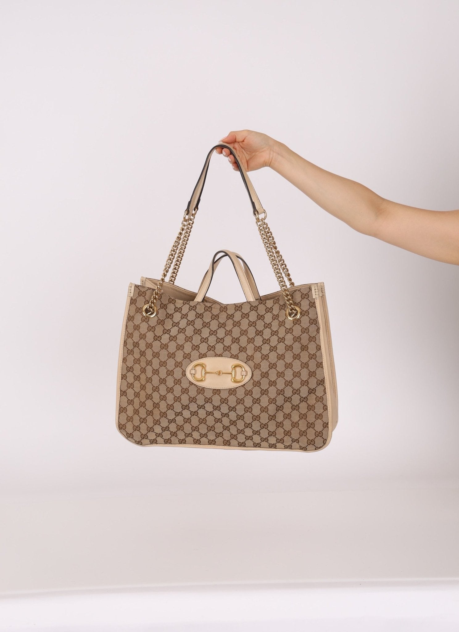 Gucci Canvas Monogram Large 1955 Horsebit Chain Tote - FashioNica