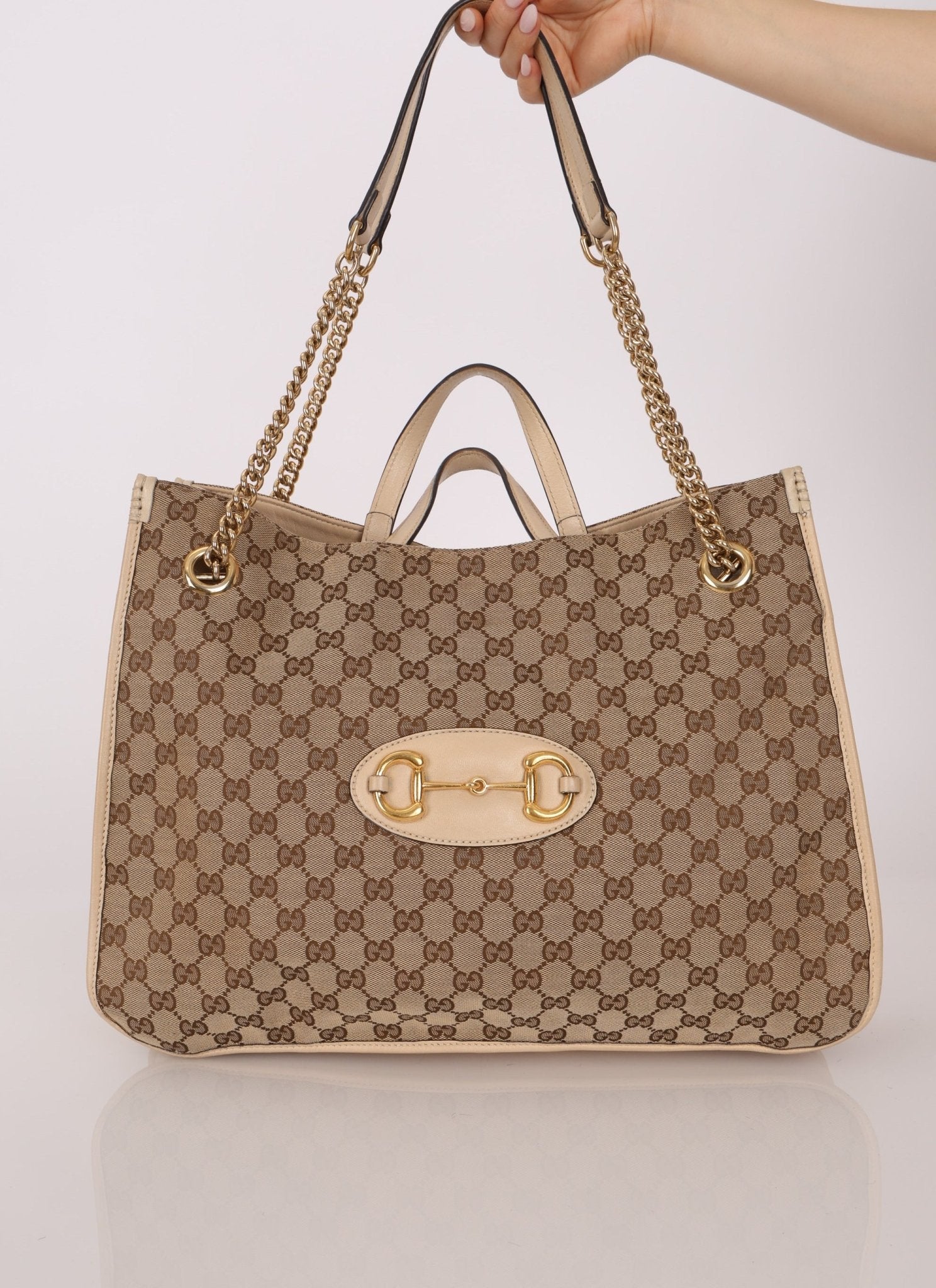 Gucci Canvas Monogram Large 1955 Horsebit Chain Tote - FashioNica