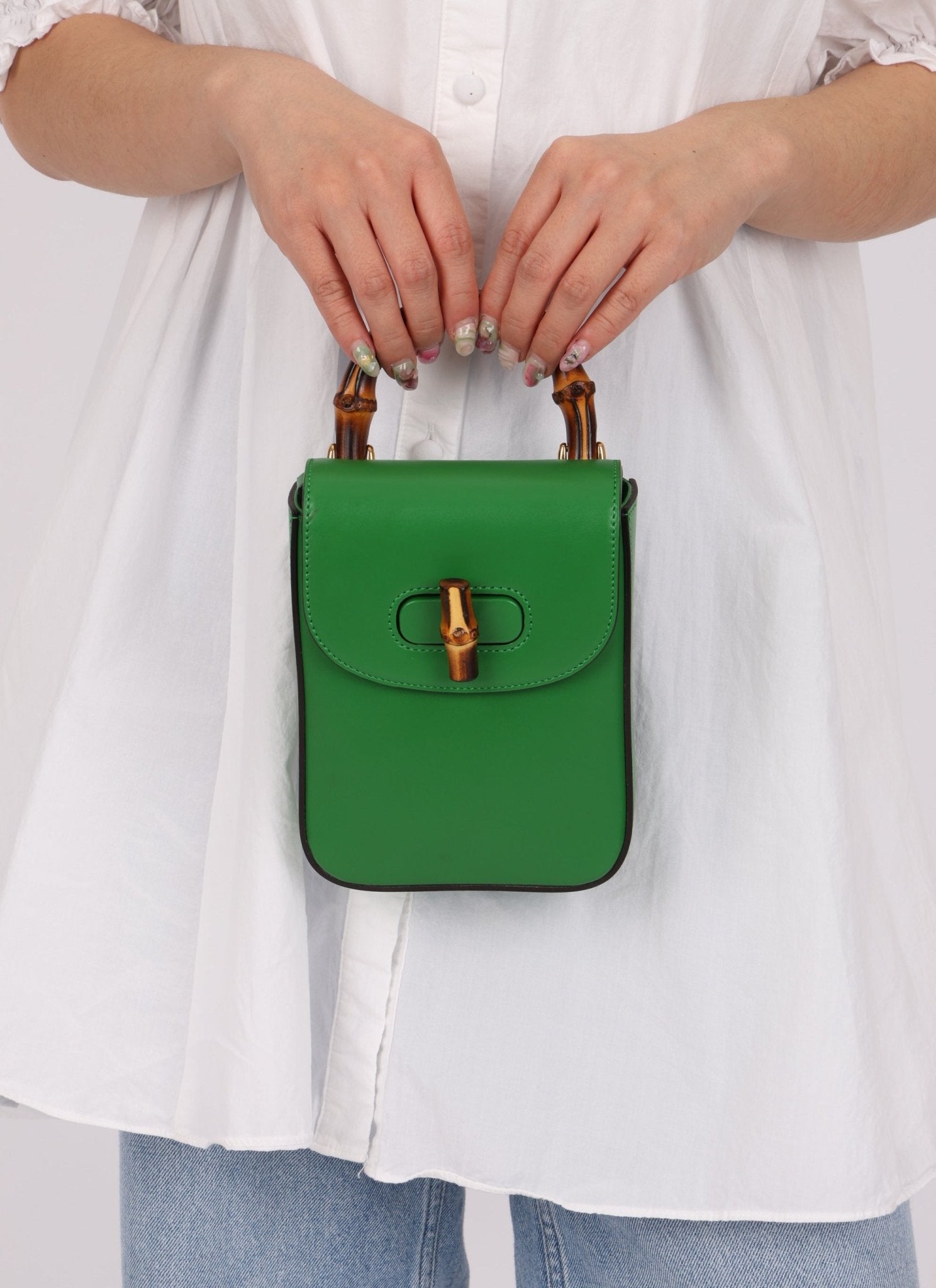 Gucci Green Bamboo Turnlock Vertical Top Handle 3 Way Bag - FashioNica