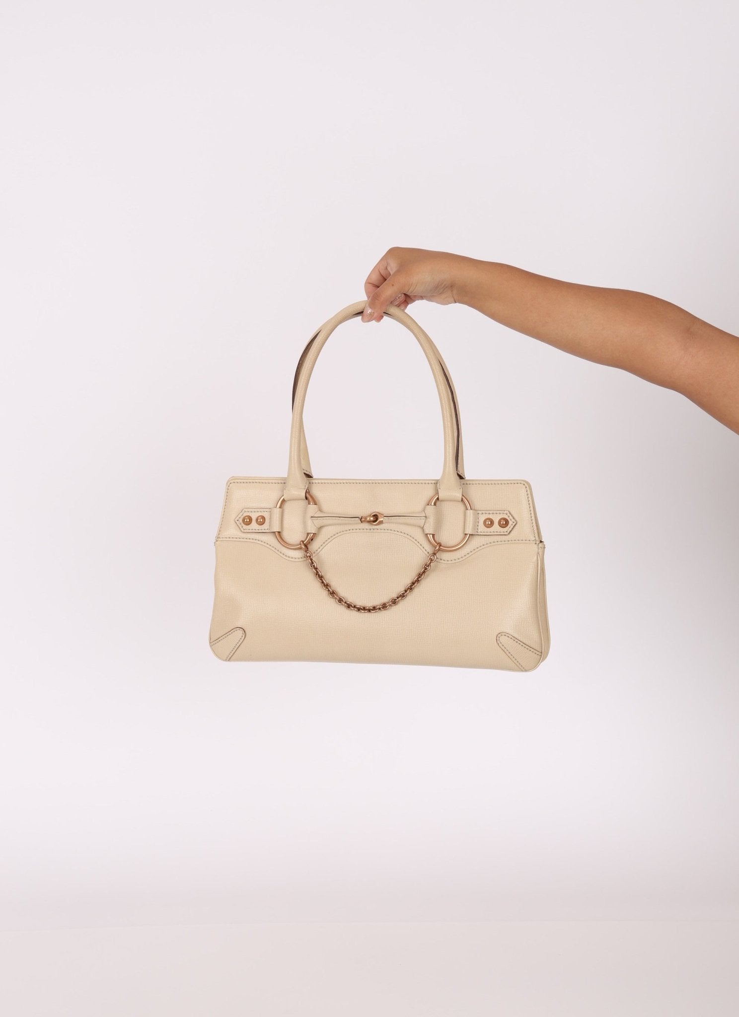 Gucci Leather Rosegold Horsebit Chain Ivory Handle Bag - FashioNica