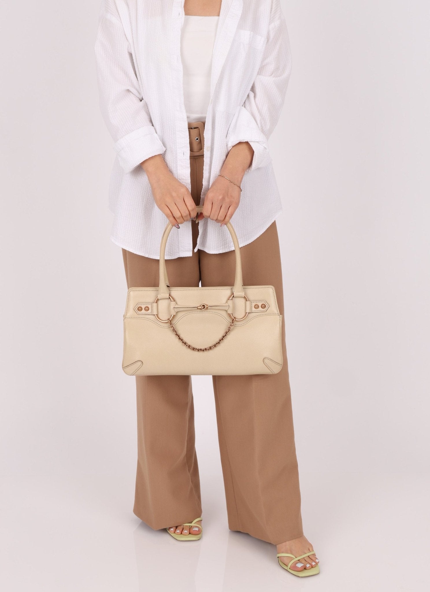 Gucci Leather Rosegold Horsebit Chain Ivory Handle Bag - FashioNica