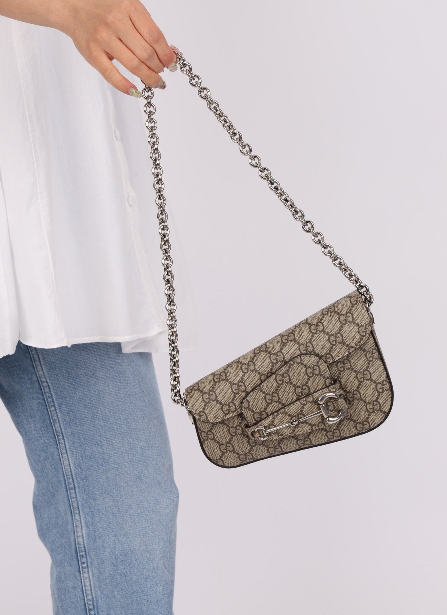 Gucci x Billie Eilish 1955 Coated Canvas Asymmetrical Horsebit Mini Shoulder Bag on Chain - FashioNica