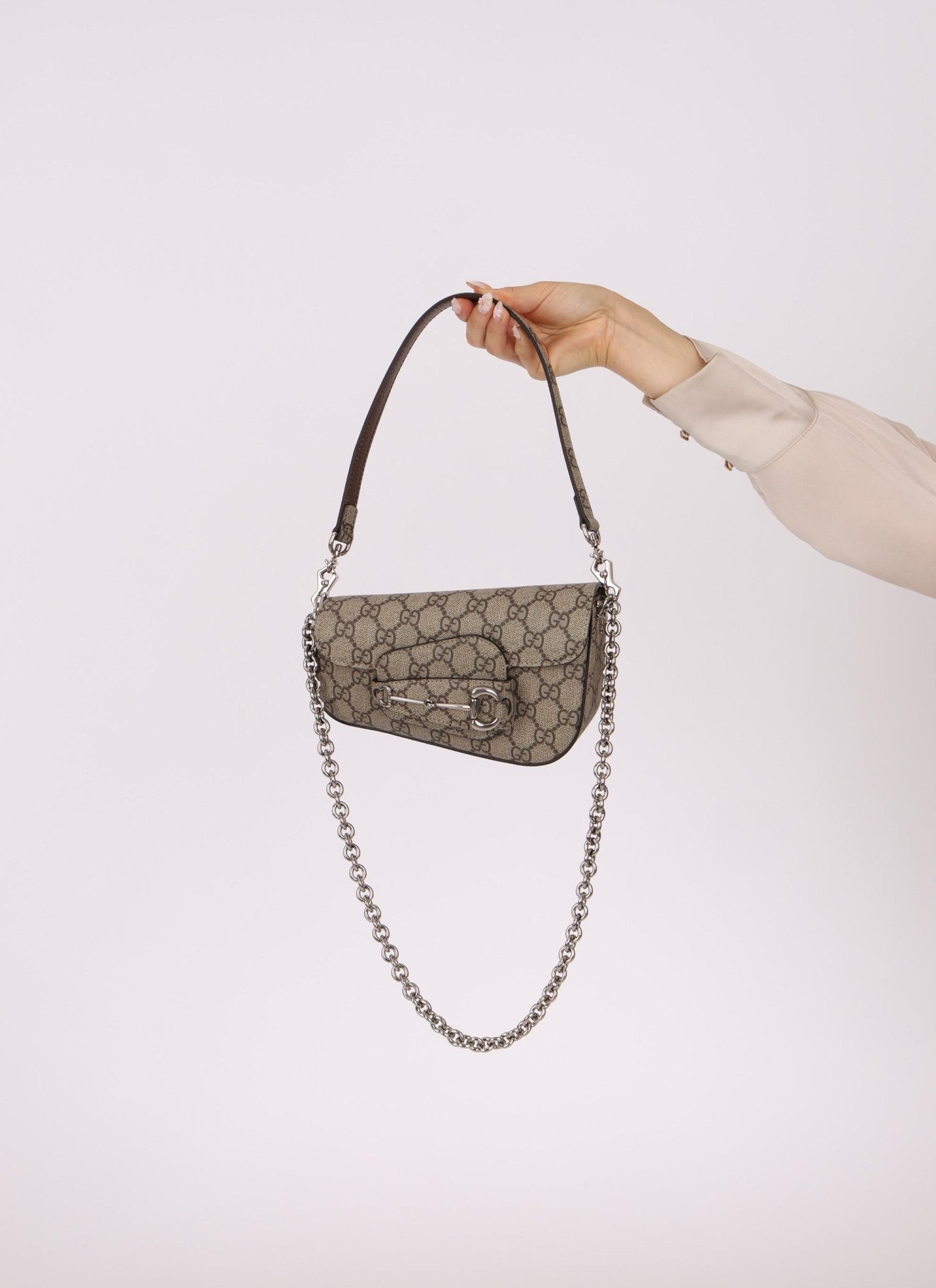 Gucci x Billie Eilish 1955 Coated Canvas Asymmetrical Horsebit Mini Shoulder Bag on Chain - FashioNica