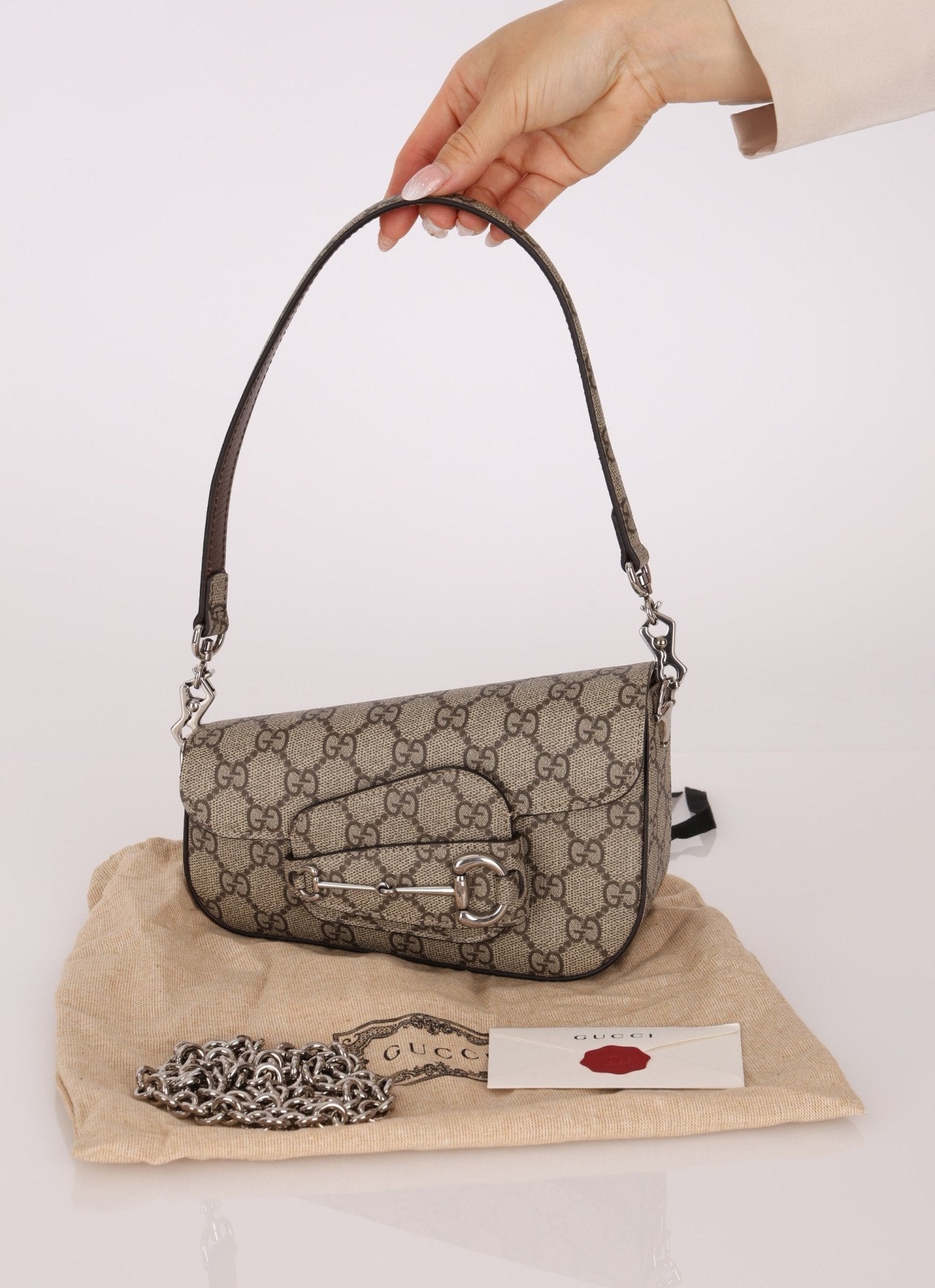 Gucci x Billie Eilish 1955 Coated Canvas Asymmetrical Horsebit Mini Shoulder Bag on Chain - FashioNica