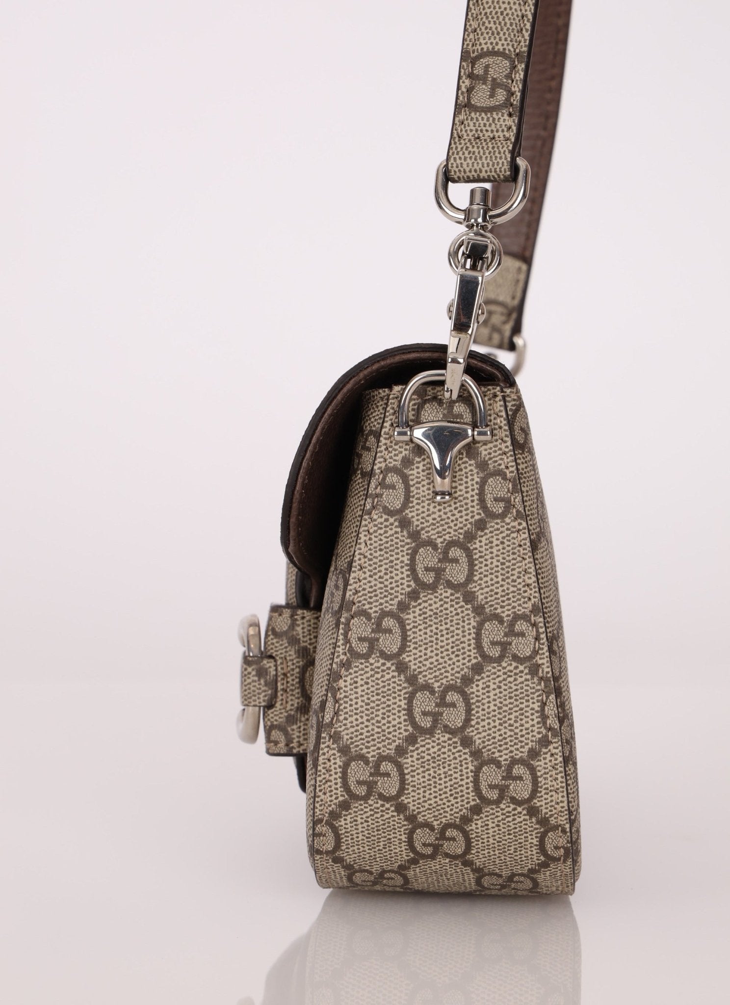 Gucci x Billie Eilish 1955 Coated Canvas Asymmetrical Horsebit Mini Shoulder Bag on Chain - FashioNica