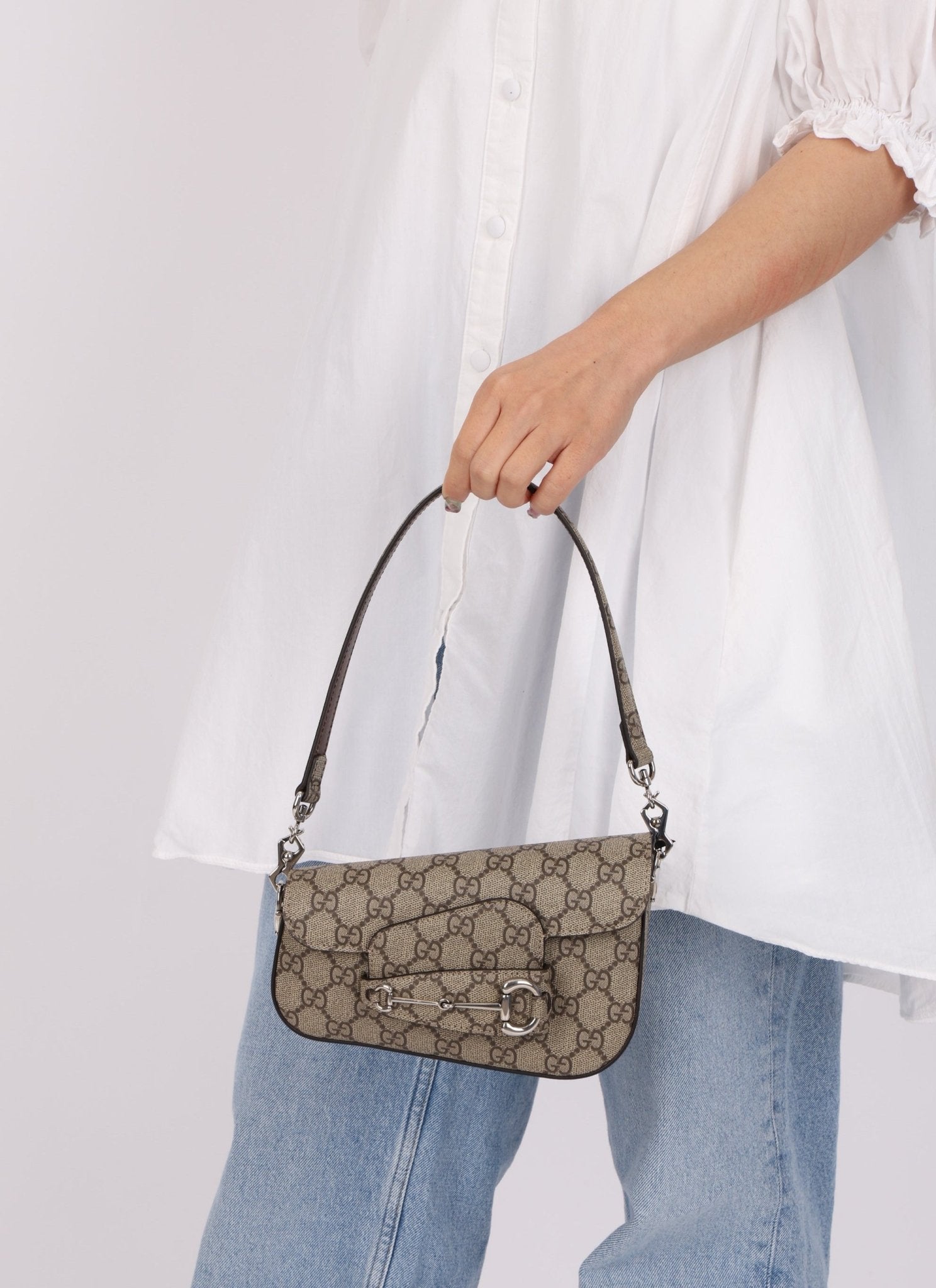 Gucci x Billie Eilish 1955 Coated Canvas Asymmetrical Horsebit Mini Shoulder Bag on Chain - FashioNica