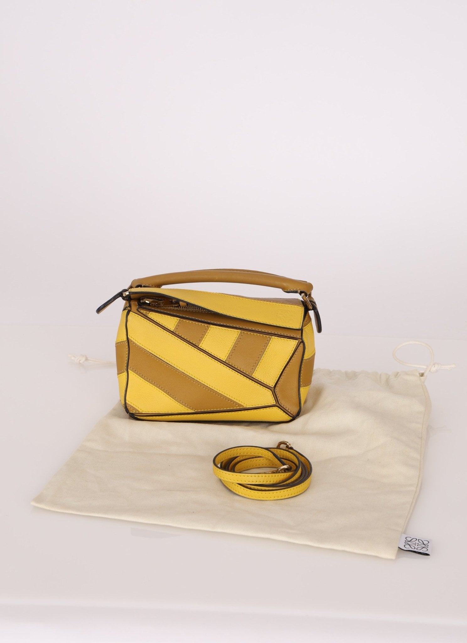 Loewe Calfskin Yellow & Ochre Striped Mini Puzzle - FashioNica