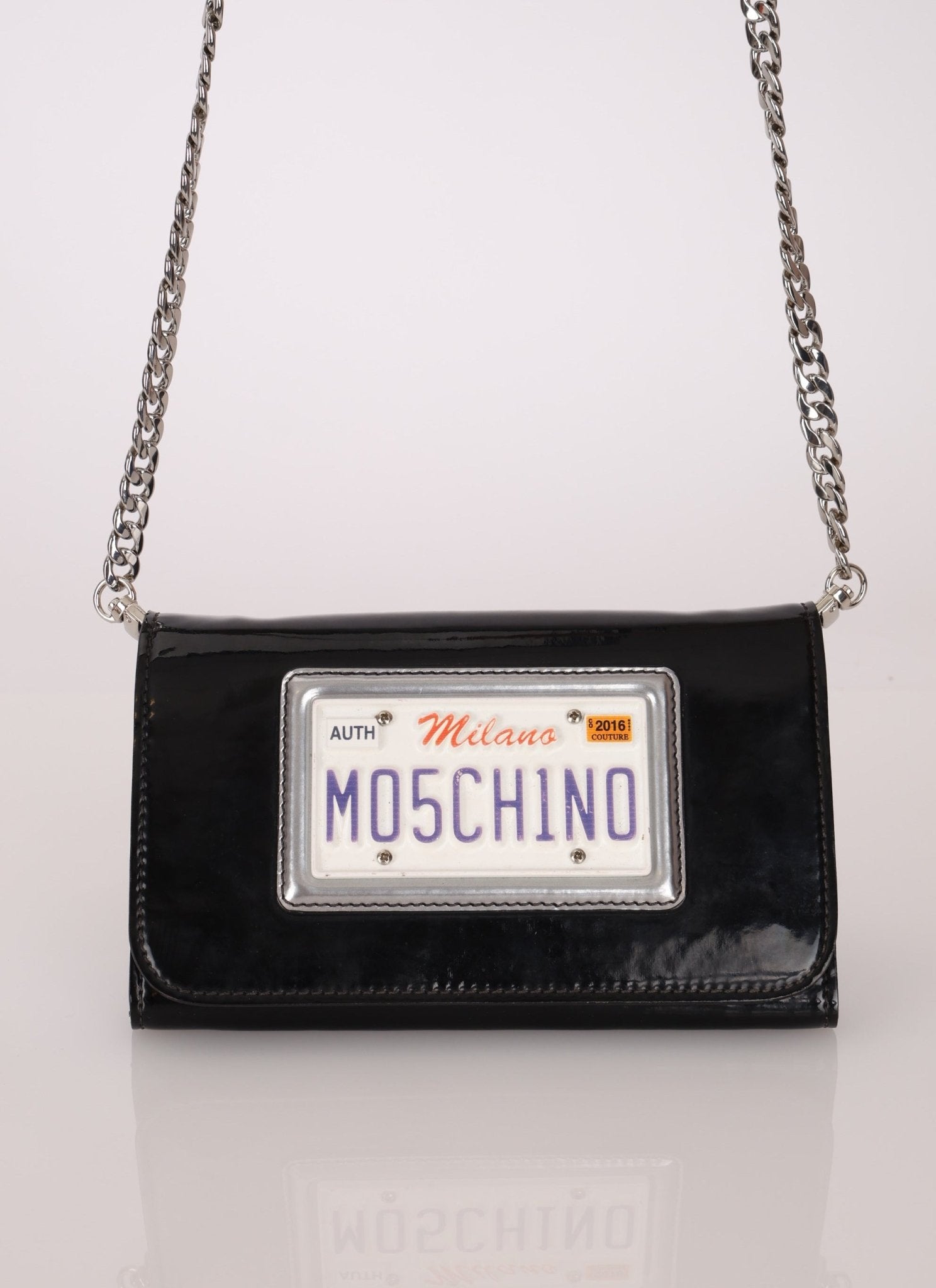 Moschino Patent License Plate Wallet on Chain - FashioNica
