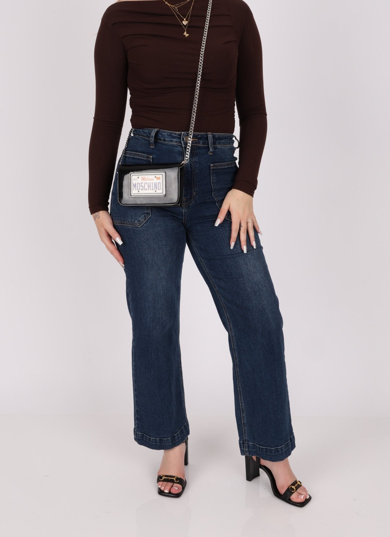 Moschino Patent License Plate Wallet on Chain - FashioNica