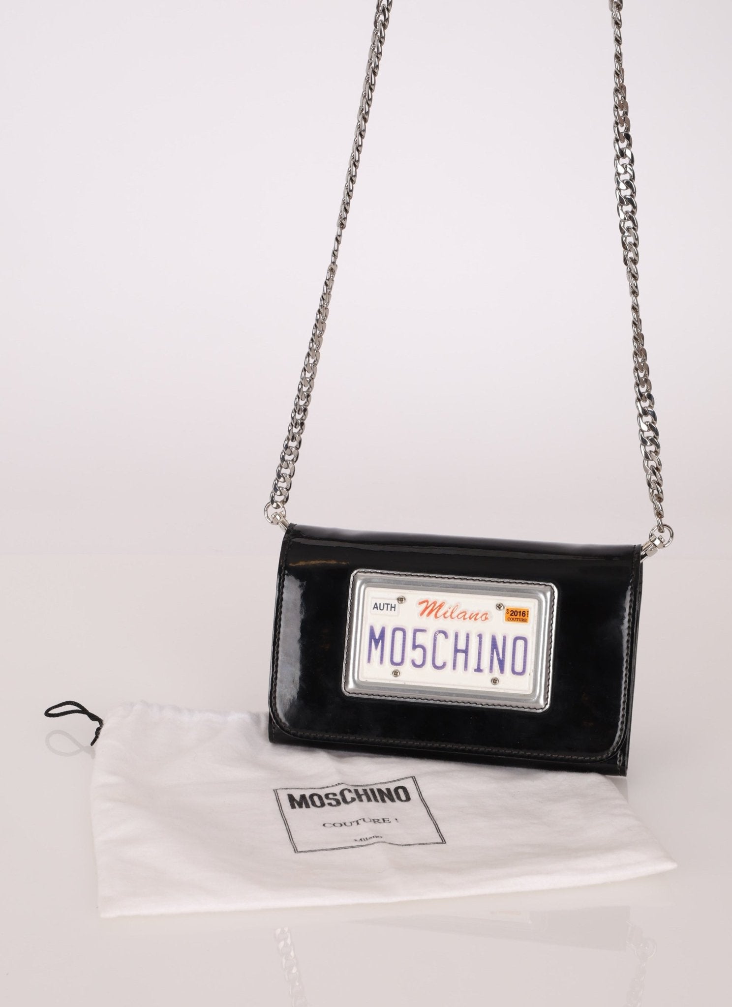 Moschino Patent License Plate Wallet on Chain - FashioNica