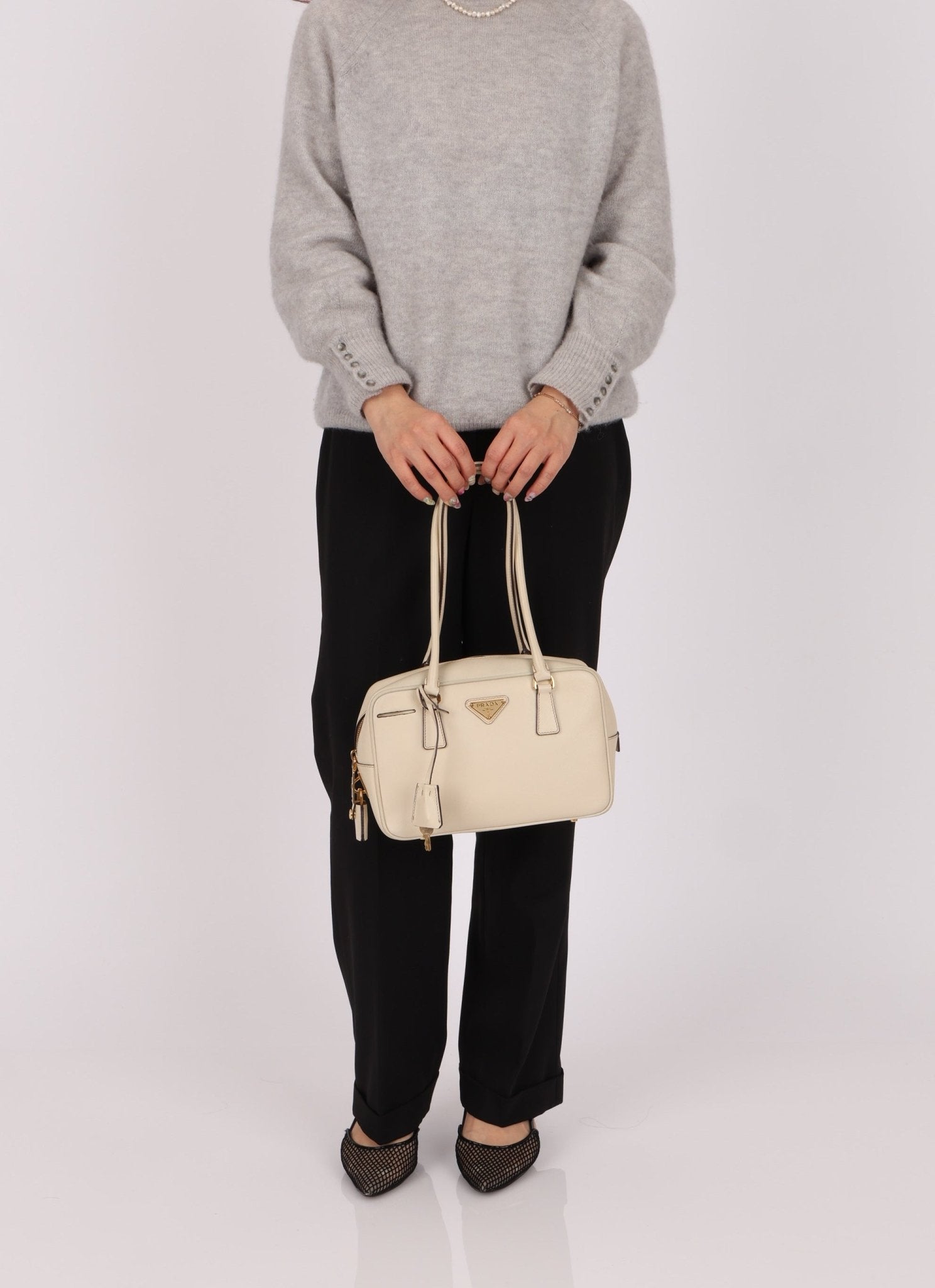 Prada Saffiano Ivory Leather Top Handle - FashioNica