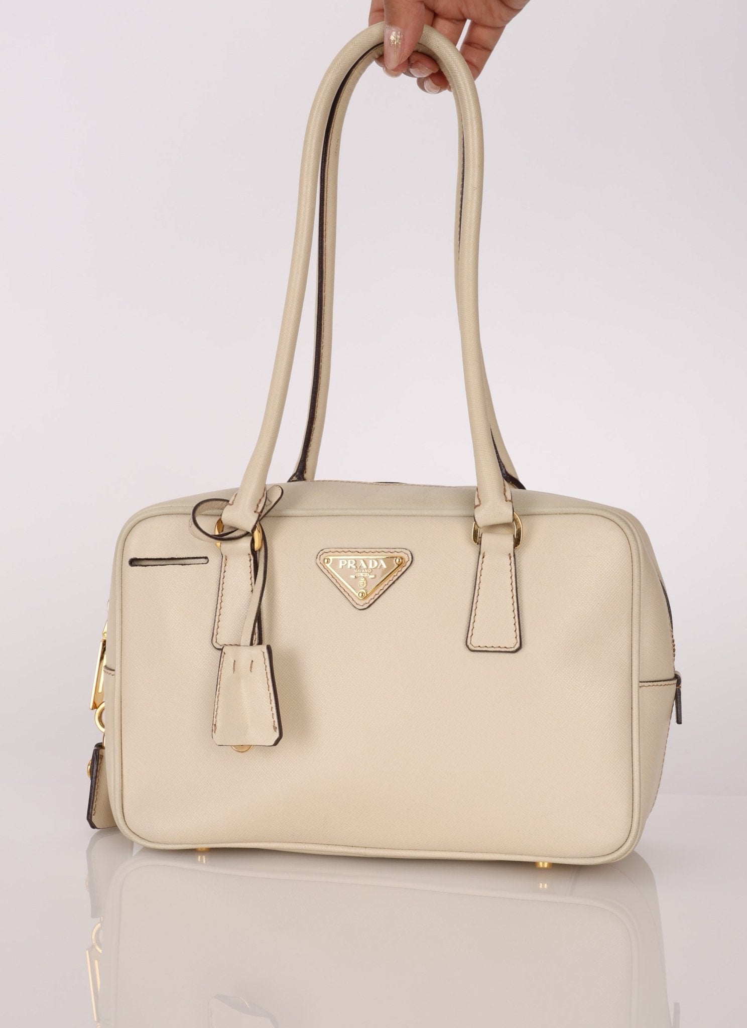Prada Saffiano Ivory Leather Top Handle - FashioNica