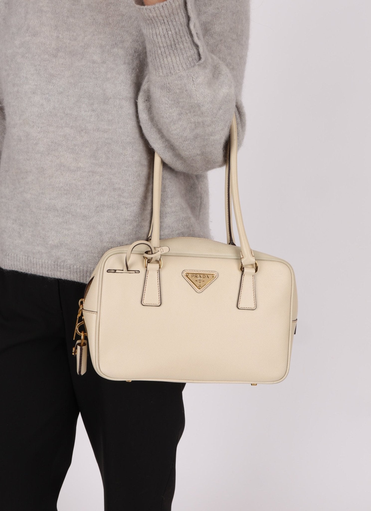 Prada Saffiano Ivory Leather Top Handle - FashioNica