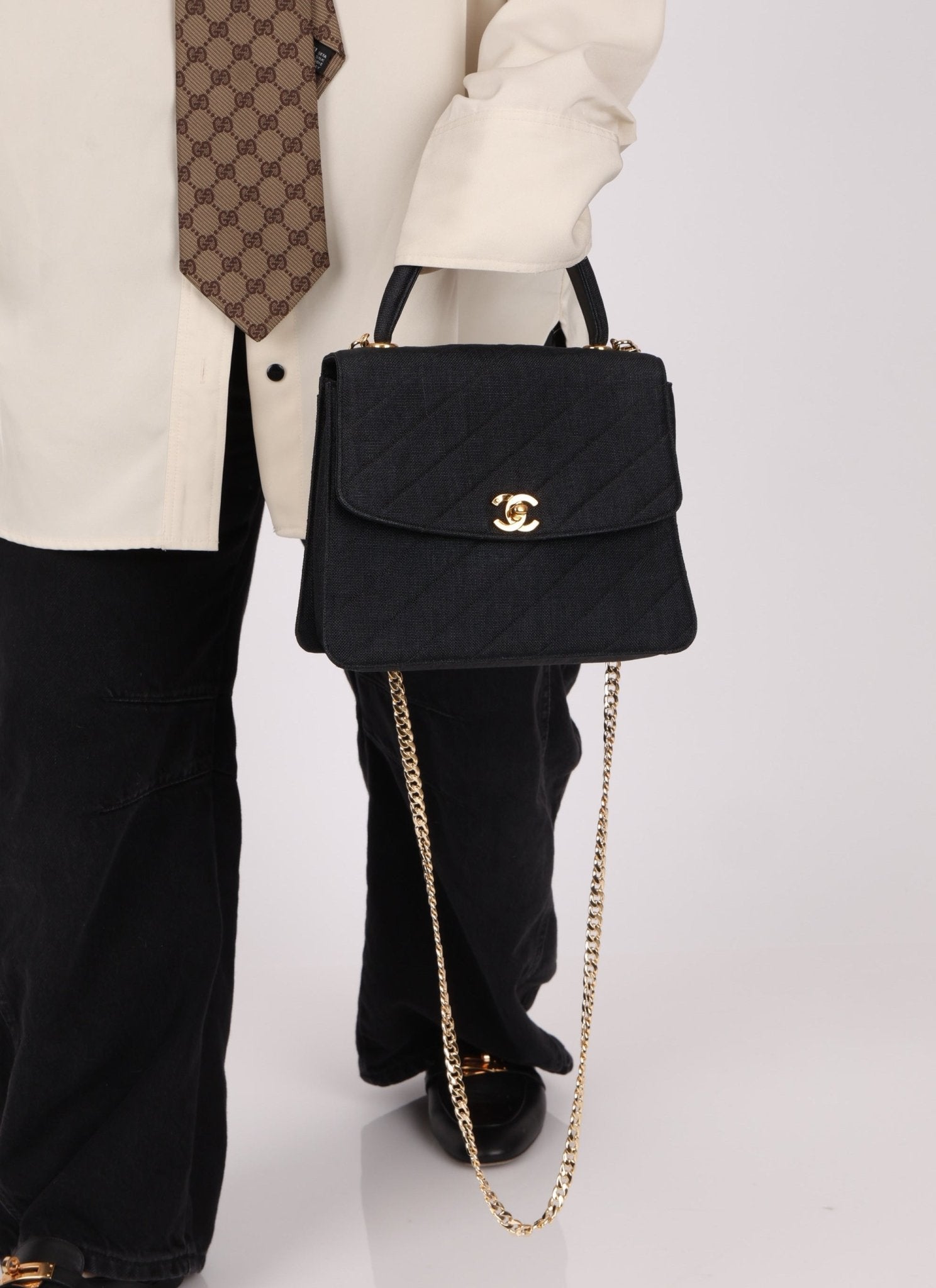 Rare Chanel 1991 Black Linen Kelly Top Handle - FashioNica