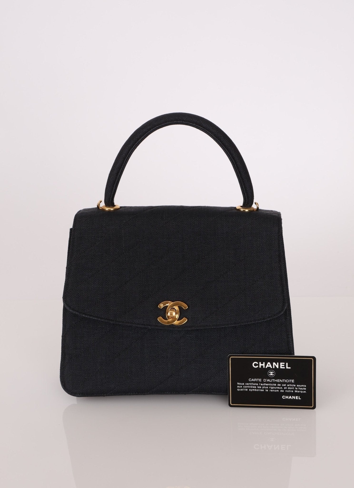 Rare Chanel 1991 Black Linen Kelly Top Handle - FashioNica