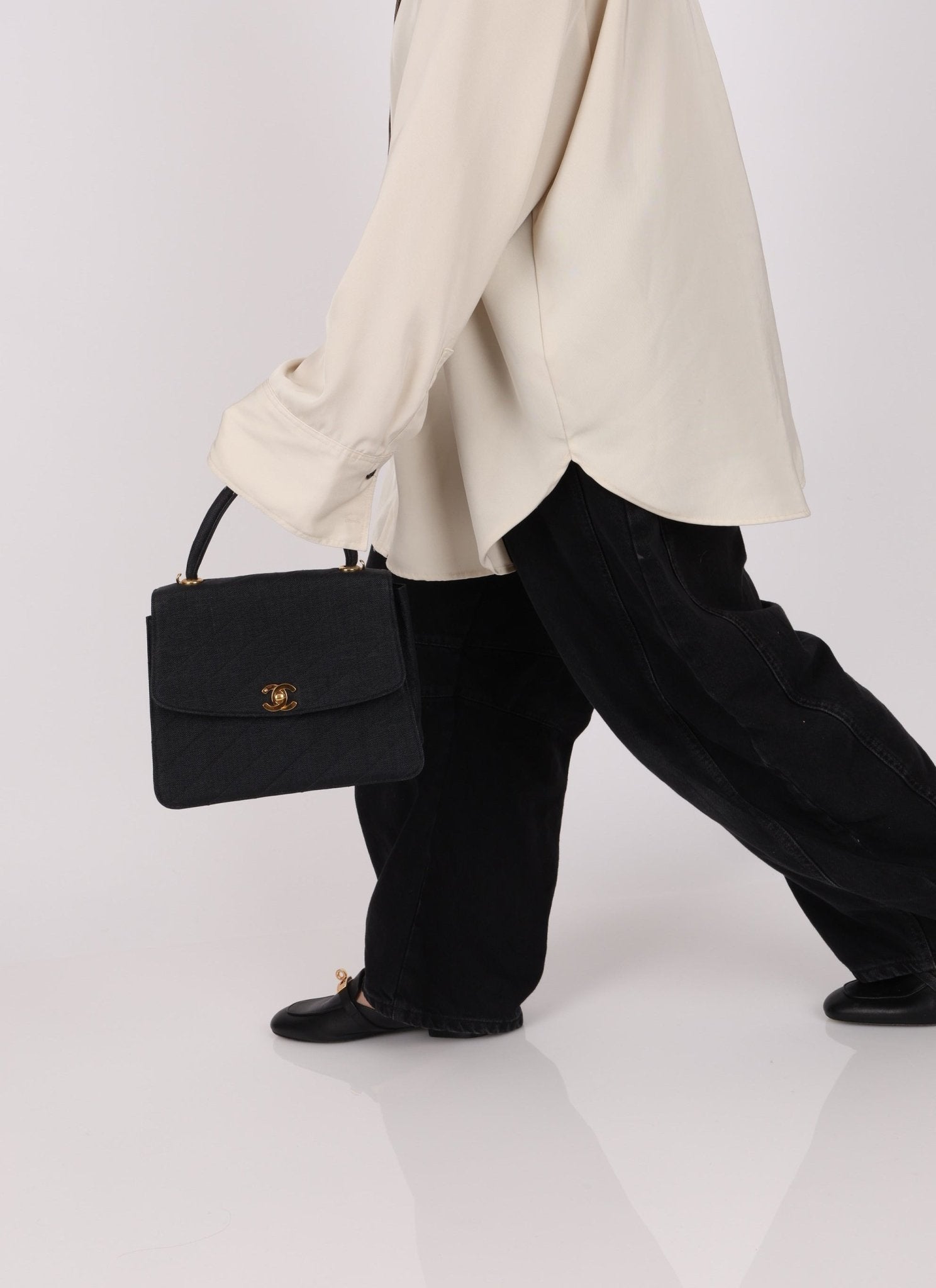 Rare Chanel 1991 Black Linen Kelly Top Handle - FashioNica