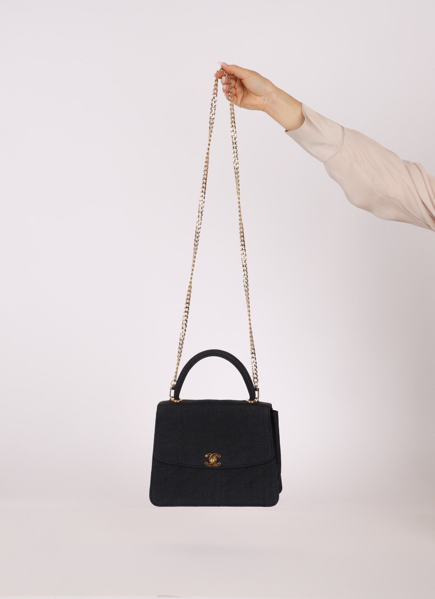 Rare Chanel 1991 Black Linen Kelly Top Handle - FashioNica
